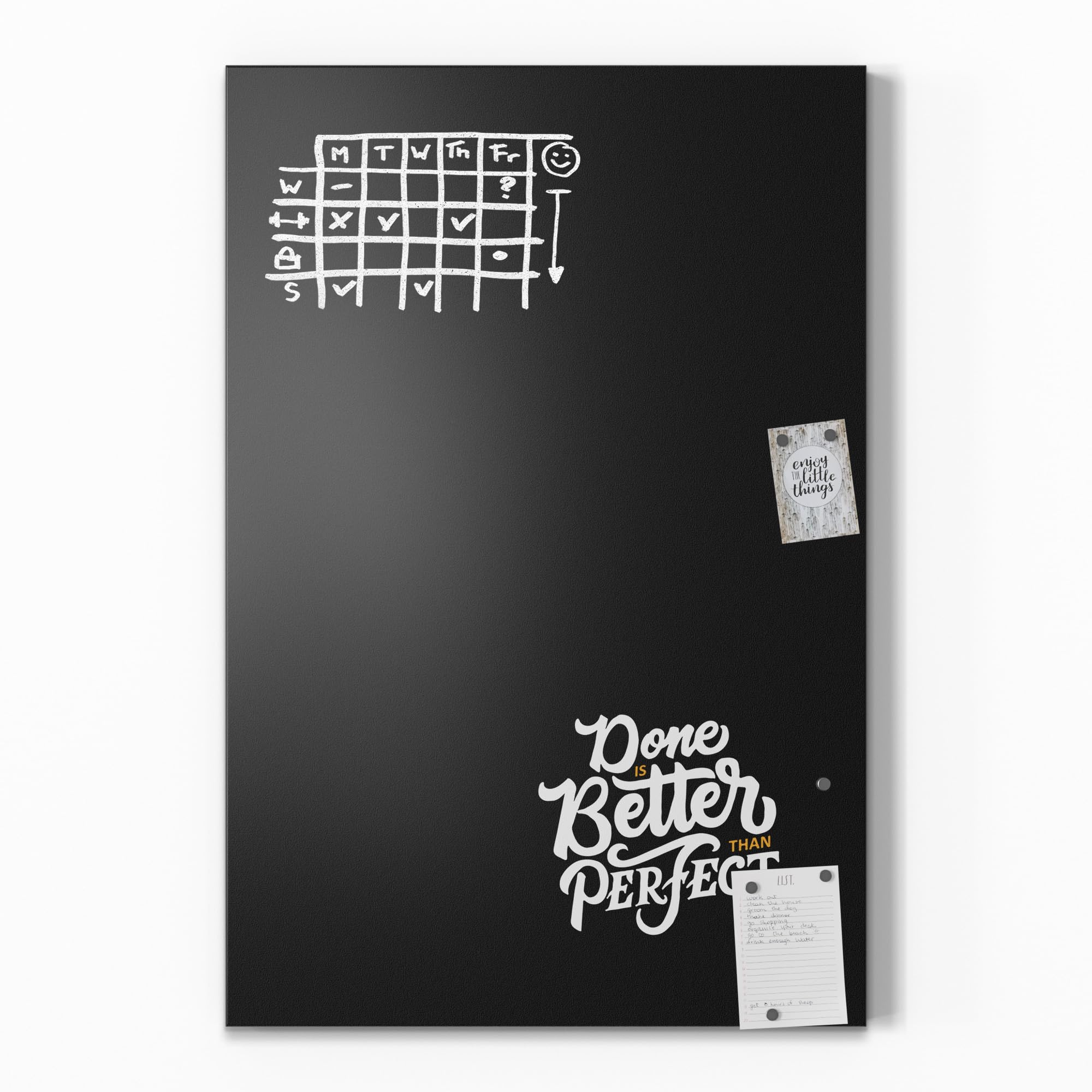 DEQORI Magnetyczna tablica do pisania kredą z nadrukiem UV | motyw "Lepiej zacząć nieperfekcyjnie", prostokątna, 60 x 90 cm, metalowa tablica kredowa do pisania – dekoracja ścienna do kuchni