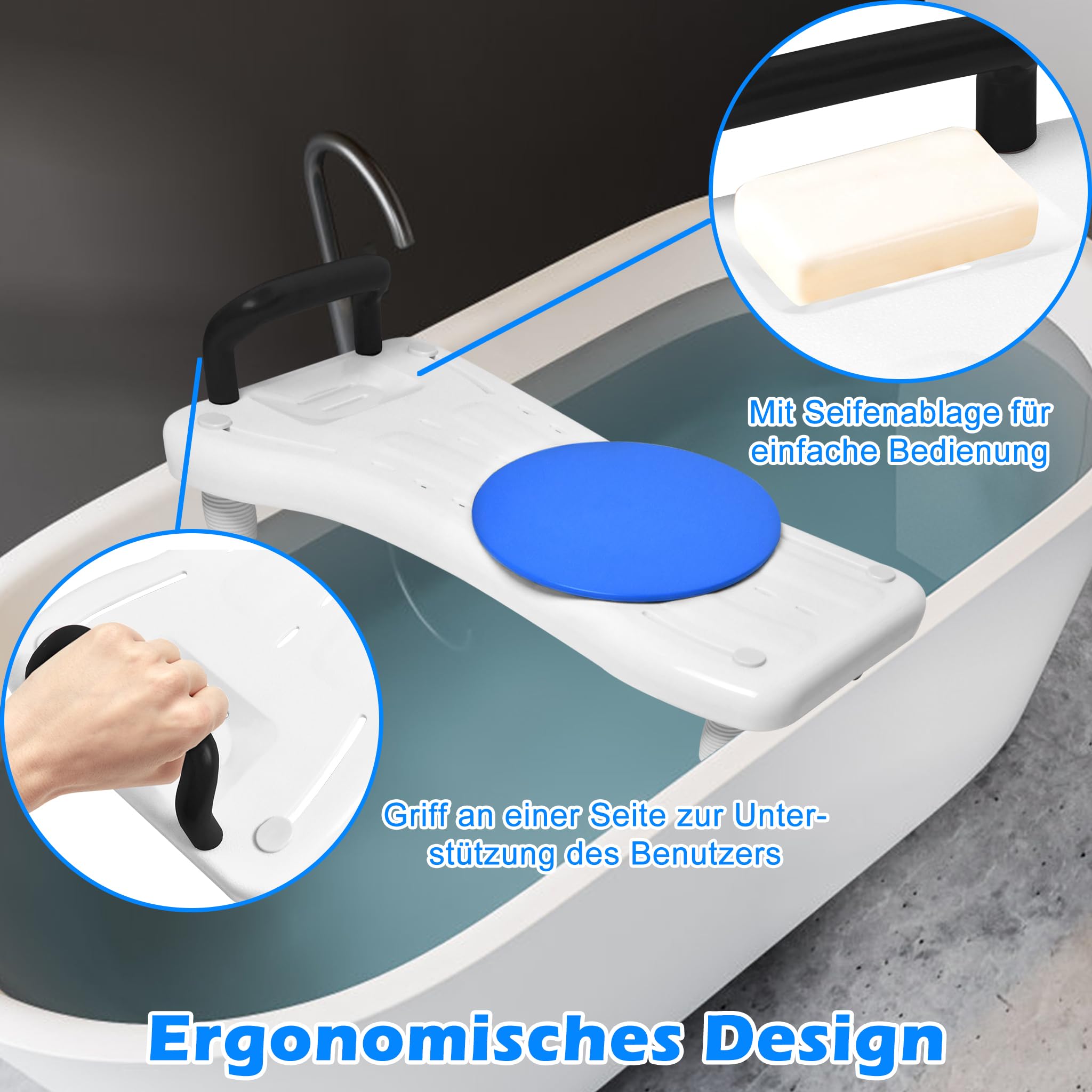UISEBRT Badewannenbrett mit Drehscheibe Badewannensitz Senioren, Sitzbrett für Badewanne, Wannensitz mit Griff und Seifenablage, Länge 70 cm, Weiß und Schwarz
