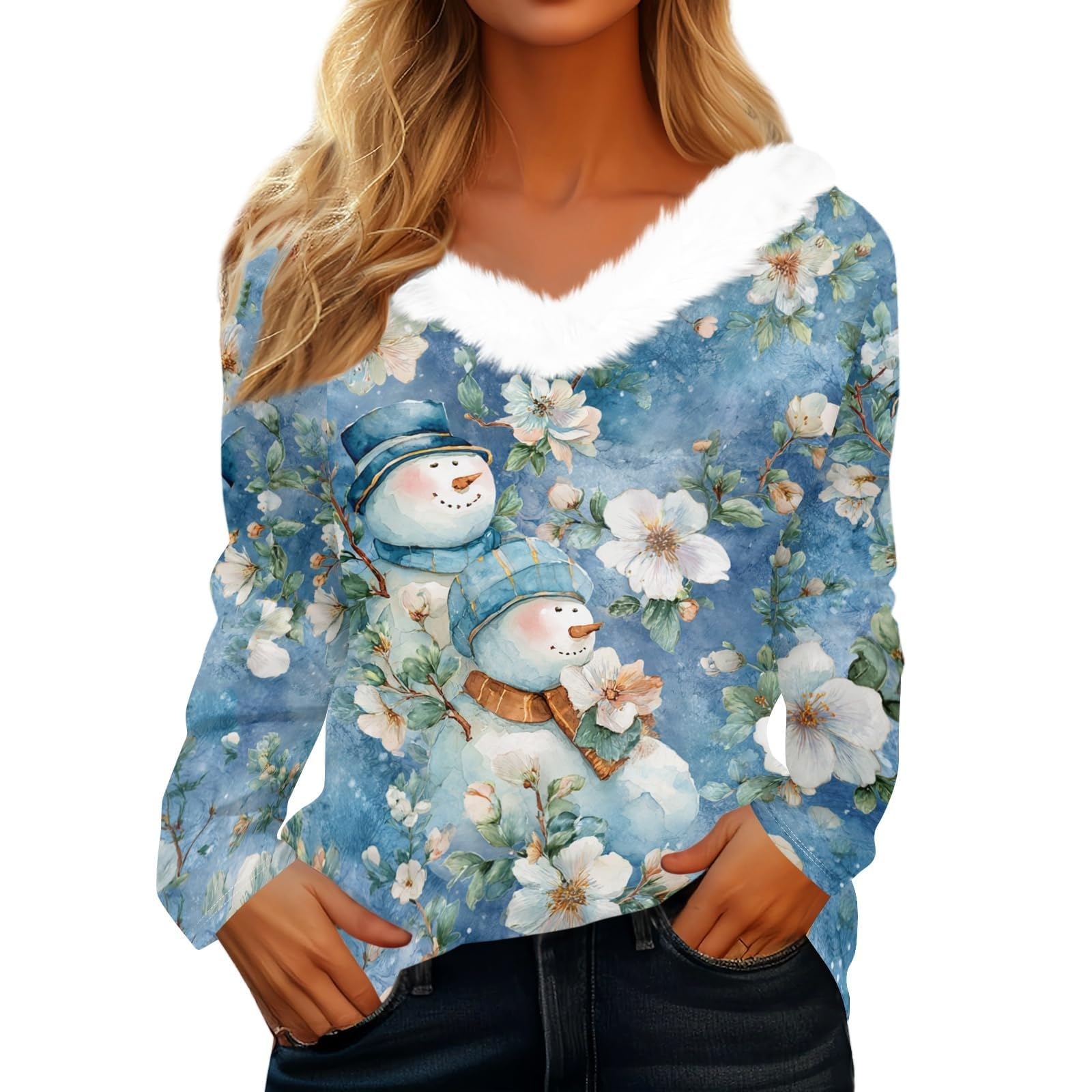 Womens Christmas Top V Neck Faux Fur Trim Long Sleeve Festive Shirt