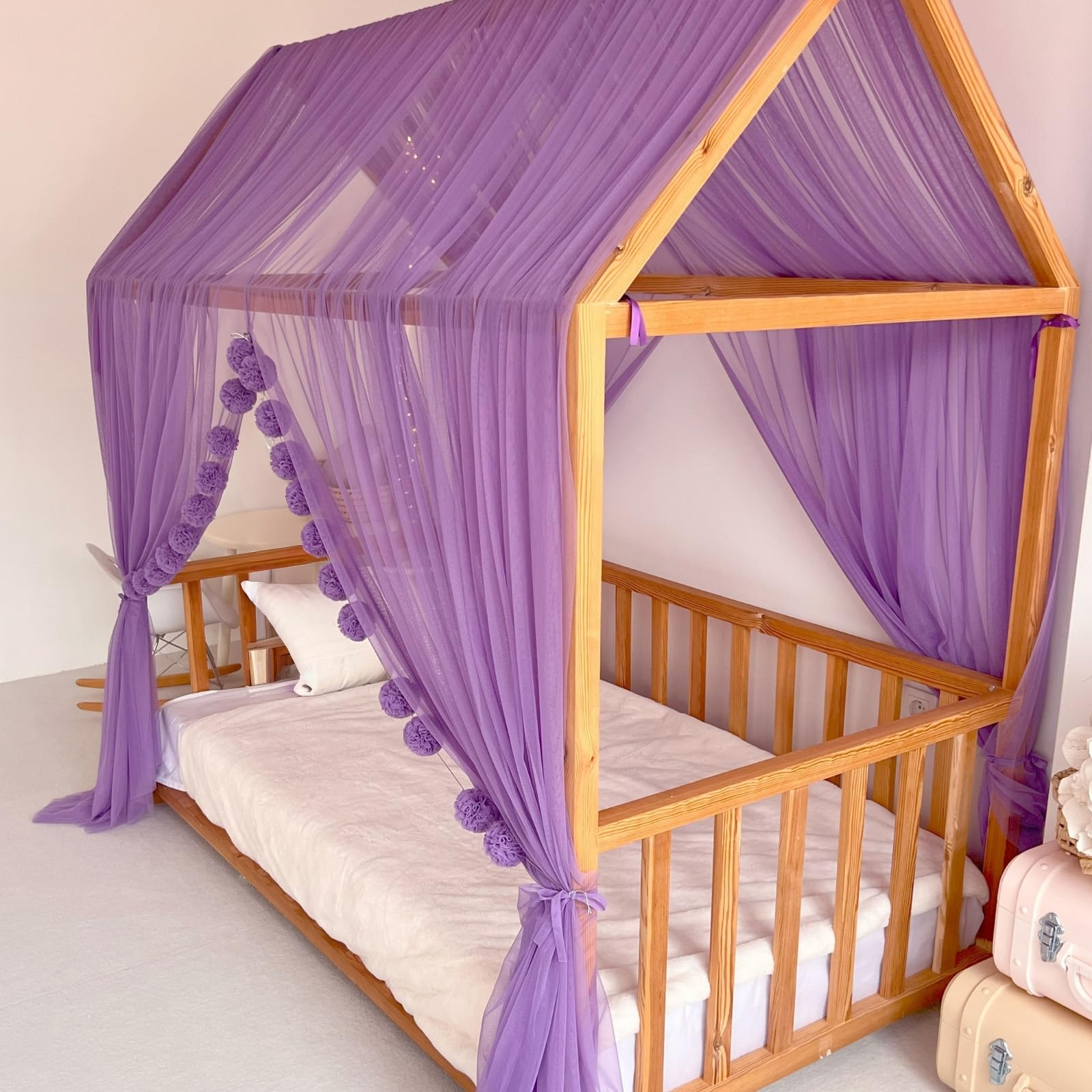 Montessori Betthimmel für Kinderzimmer für Mädchen und Jungen, elegante Tüll-Kinderzimmer-Dekoration, Kleinkind-Bettvorhang mit weichem Drapierung (lila, 400 cm, kein Zubehör)