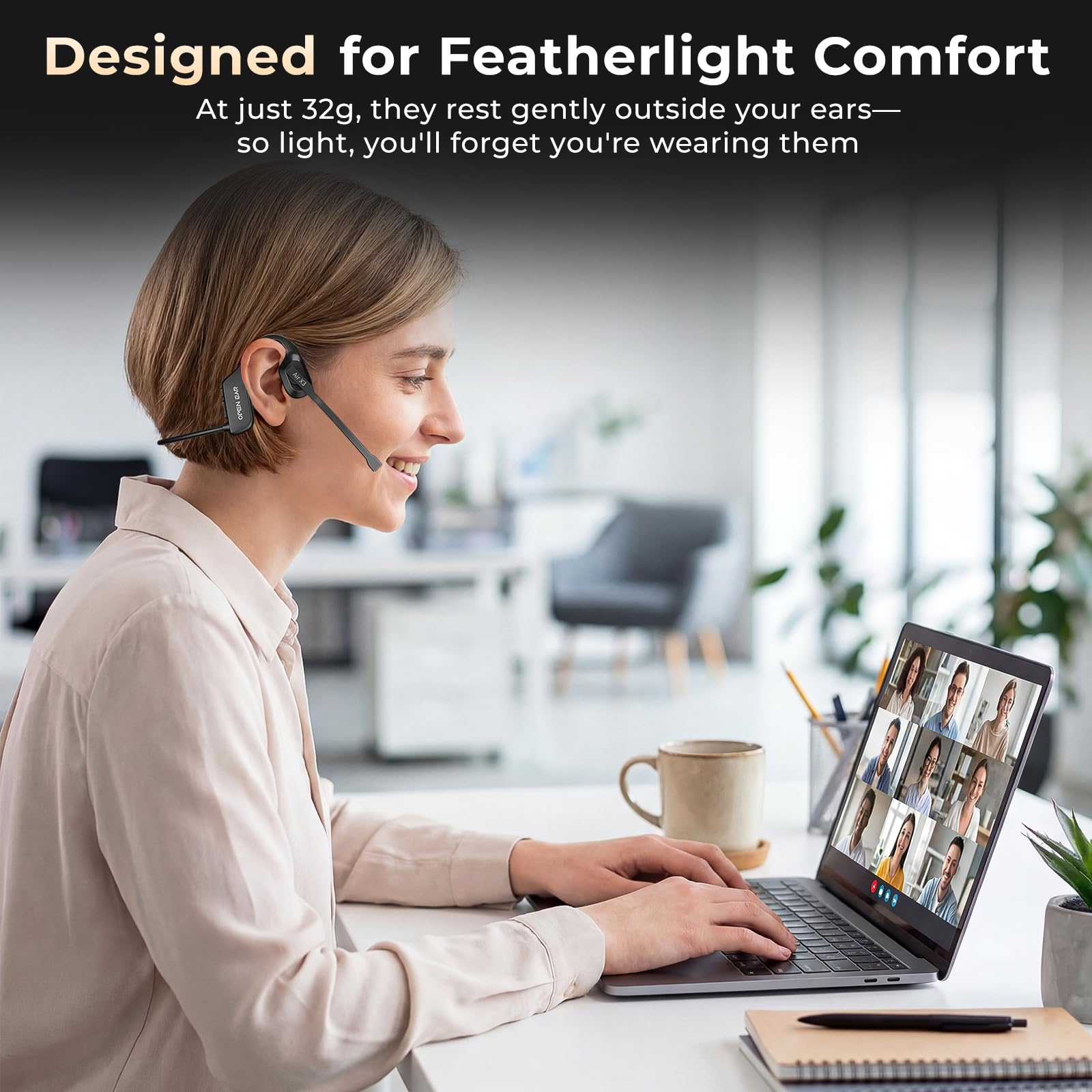 Cuffie aperte con microfono, cuffie wireless con microfono per chiamate di lavoro, microfono con cancellazione del rumore AI, cuffie Bluetooth Trucker a conduzione d'aria con pulsante mute, 32 g