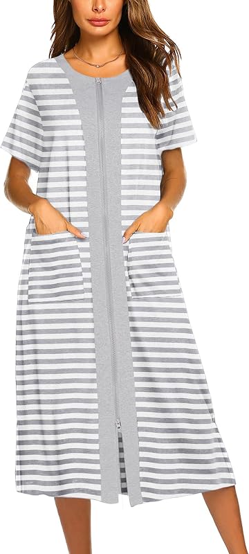 Ekouaer Robe feminino com zíper, mangas curtas e bolsos, modelo ZJ010