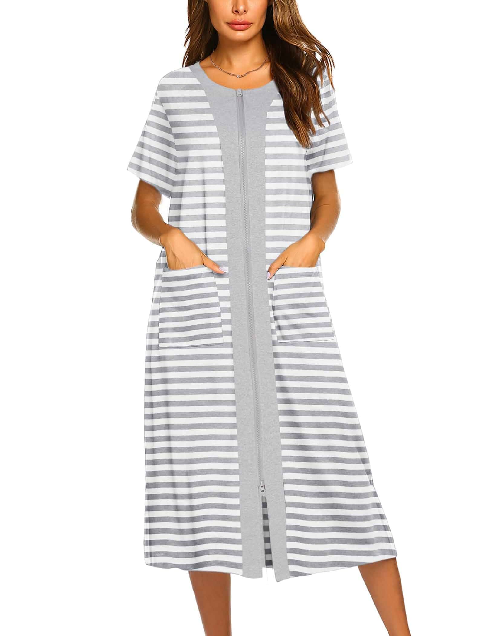 Ekouaer Robes For Women Zipper Bathrobe Short Sleeve Duster With Pockets Zipper Front House Coat, Lightweight Sleepwear, Plus Size Loungewear, Ladies Nightgown for Mother, Postoperative Gown, Sleep