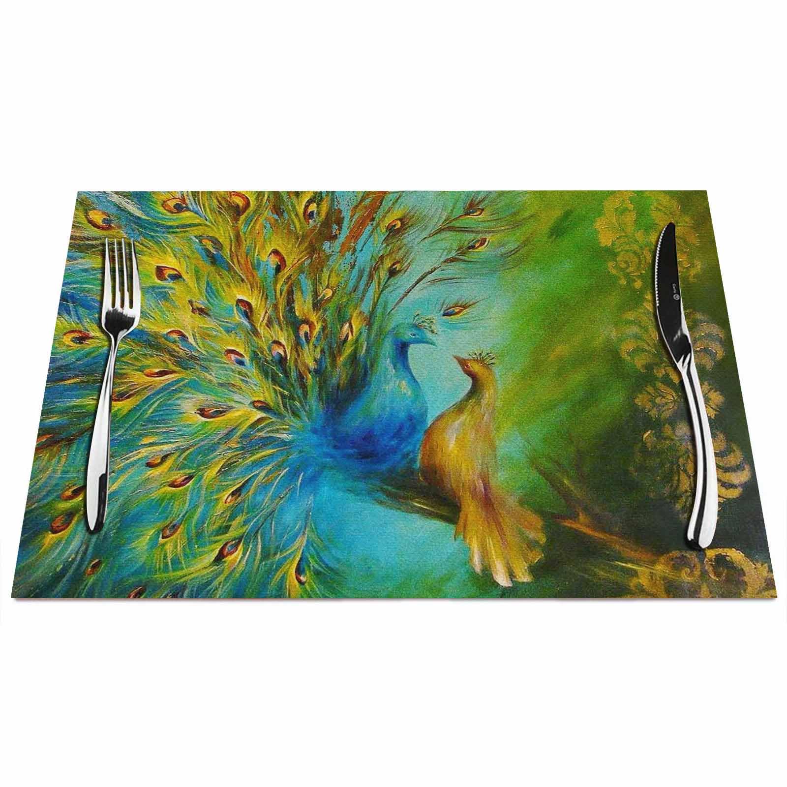 Walmsco Placemats Blue and Green Peacock Oil Painting Decor For Dining Room Kitchen Table,Waterproof Non-Slip Washable Heat Resistant Placemats,Set of 4,12"x18"