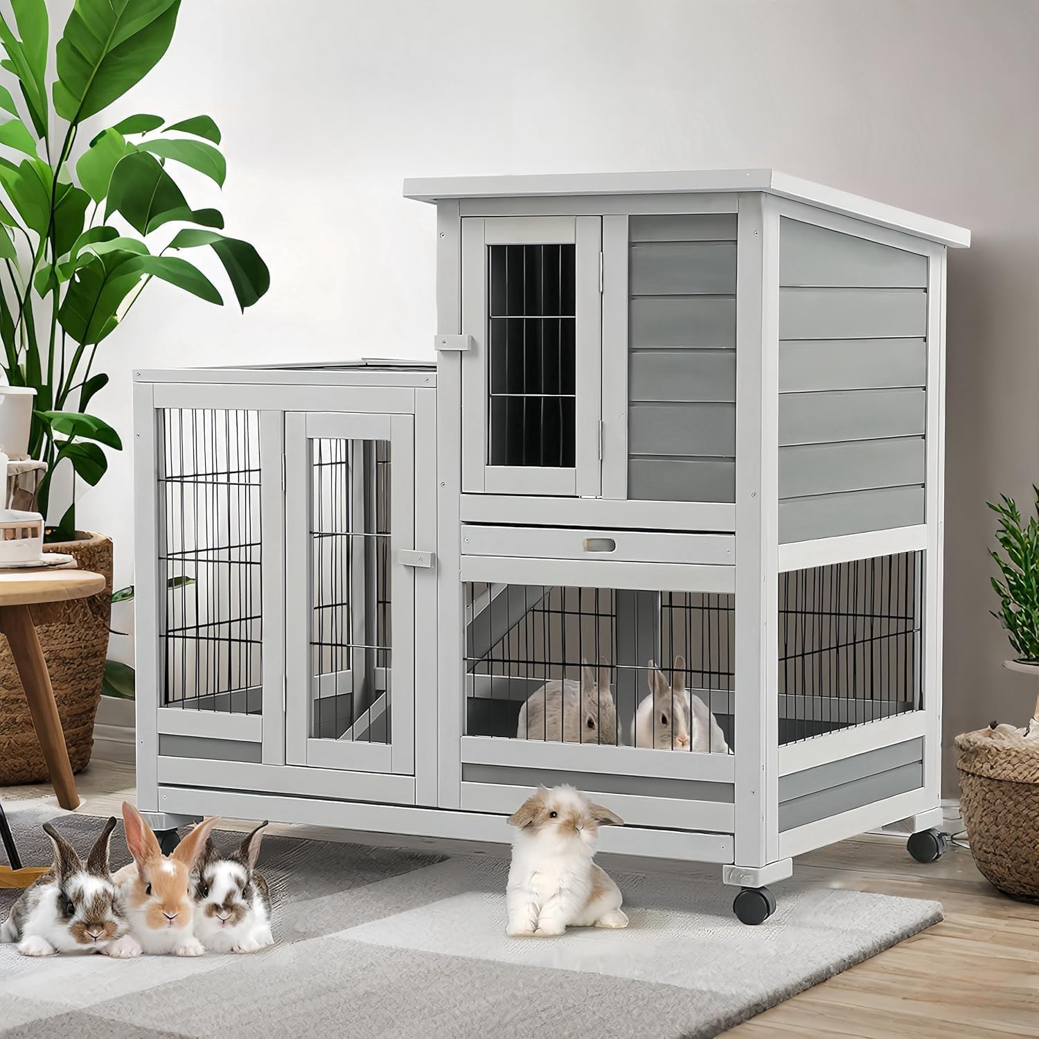 AECOJOY Indoor Rabbit Hutch with 2 Deeper No Leak Trays & 4 Casters, 37 Inch Rabbit Cage Pet House for Small Animals Outdoor Bunny Hutch with Run, Grey