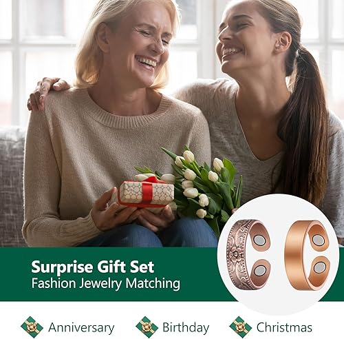 Miniatura 6 de Jecanori 2 anillos de cobre para mujeres y hombres, anillo de cobre de terapia magnética, regalo de joyería ajustable con caja (flor vintage, sin