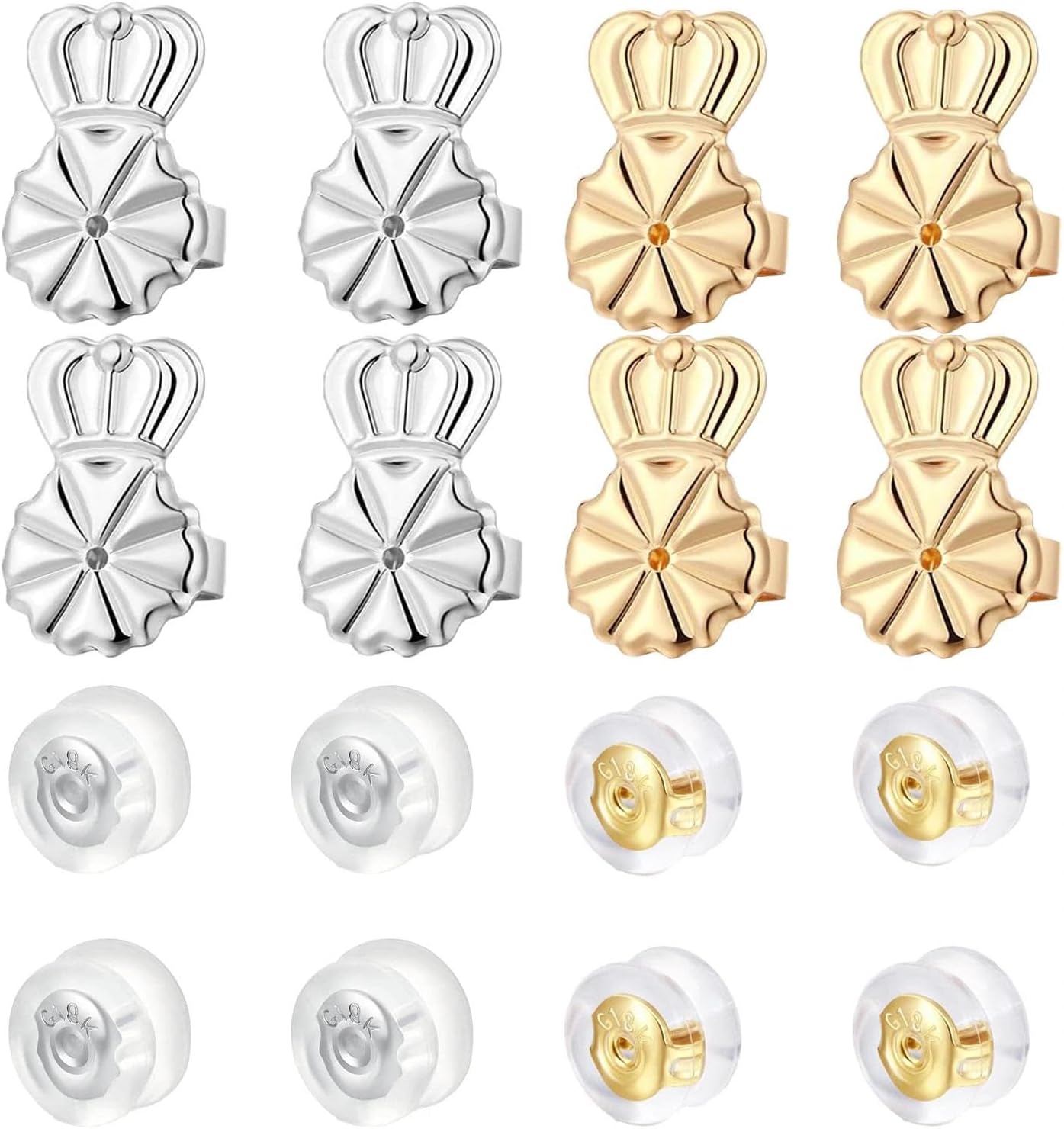 Earring Lifters 8 Pair Earring Backs for Droopy Ears Heavy Earrings Silicone Locking Secure Ear Support No-Irritate Hypoallergenic Adjustable Crown and Silicone Backs for Ears for Women