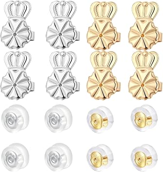 Earring Lifters 8 Pair Earring Backs for Droopy Ears Heavy Earrings Silicone Locking Secure Ear Support No-Irritate Hypoallergenic Adjustable Crown and Silicone Backs for Ears for Women