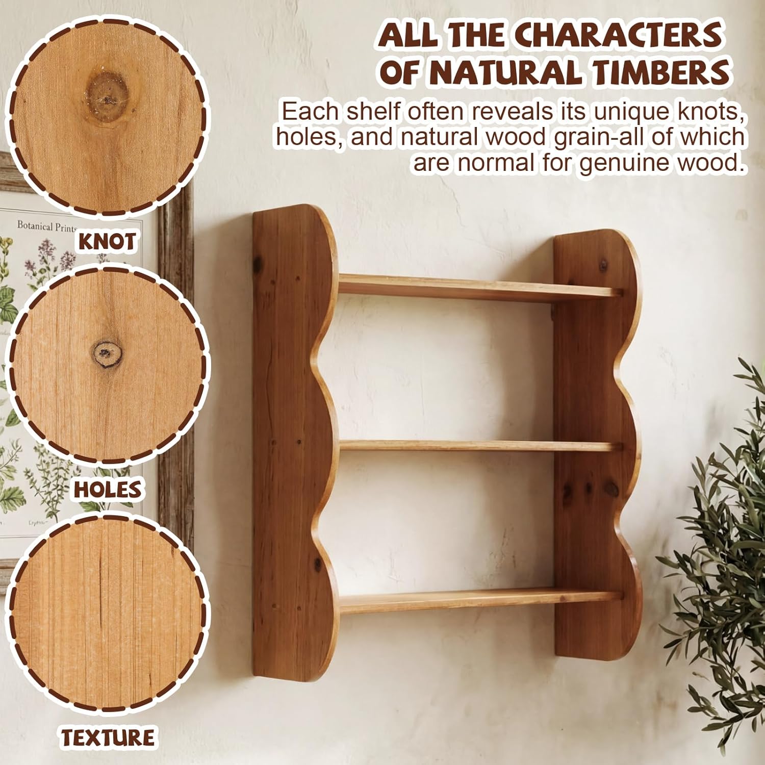 Cinnvoice 2 Pcs Solid Wood Wall Shelf 3-Tier Rustic Floating Shelves Wall Mounted Storage Rack Farmhouse Decorative Hanging Storage Shelf for for Bedroom Living Room Bathroom Kitchen