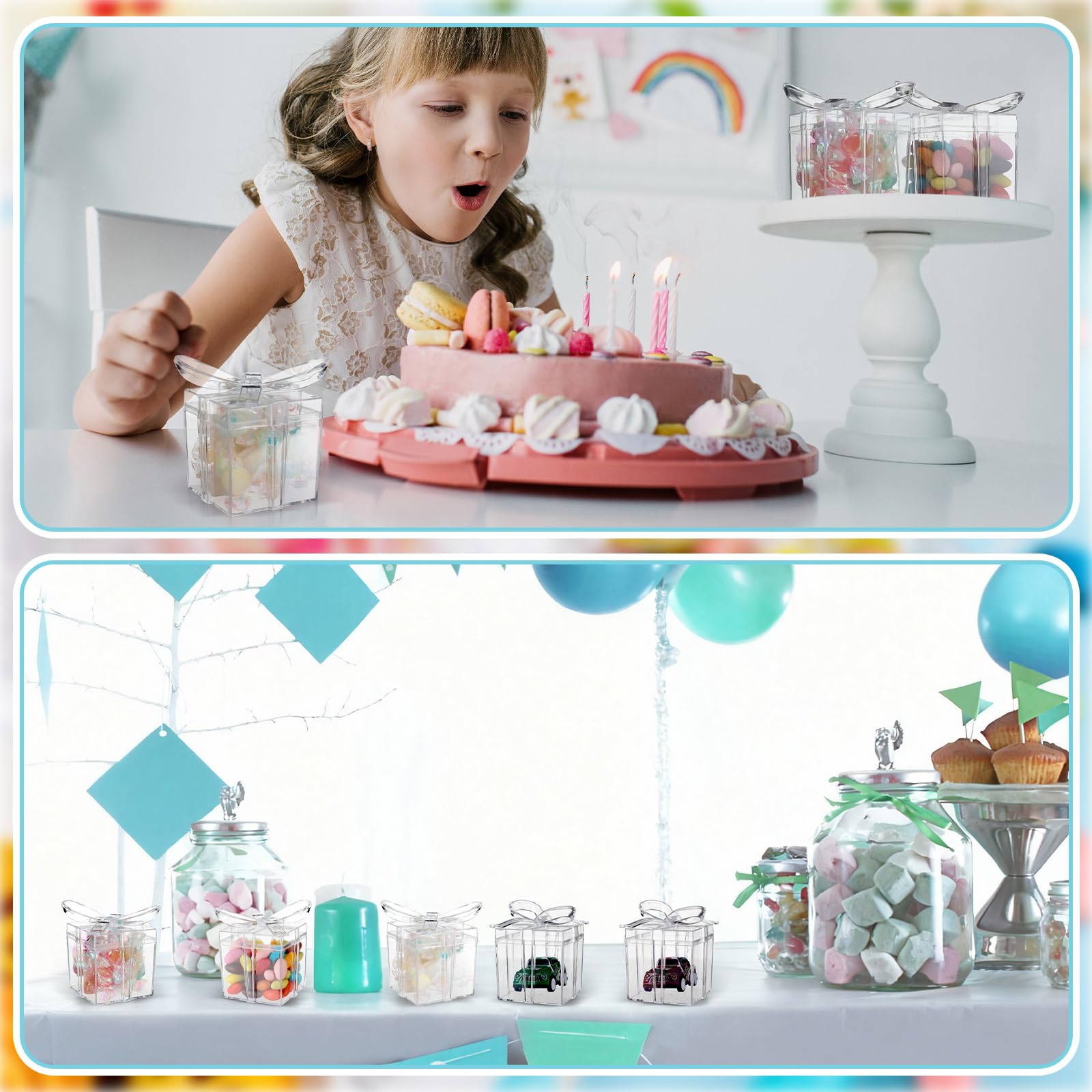 Potchen Transparente Geschenkboxen mit Schleife, 5,1 x 5,1 x 5,8 cm, transparente Geschenkboxen aus Kunststoff, kleine Süßigkeitenbehälter für Hochzeit, Weihnachten, Babyparty, Geburtstag, Party