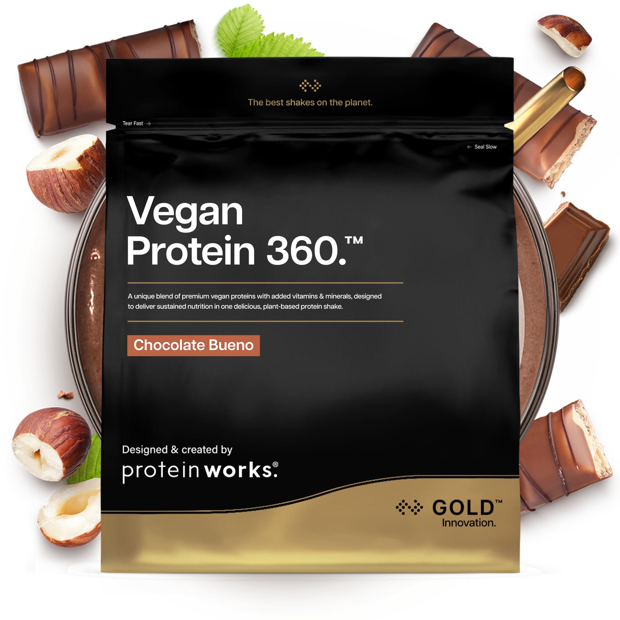 Protein Works | Vegan Protein 360 - Gold Innovation, Chocolate Bueno, 16 Servings, 100% Plant Based & Natural, Premium Multi-Protein Blend, Low Fat Shake, Low Calorie Shake, 500g
