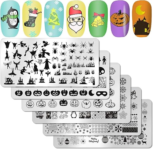 DANNEASY 6 piezas de placa de estampado de uñas de Navidad para Halloween, plantillas de uñas, plantillas de uñas, plantillas para uñas, plantillas