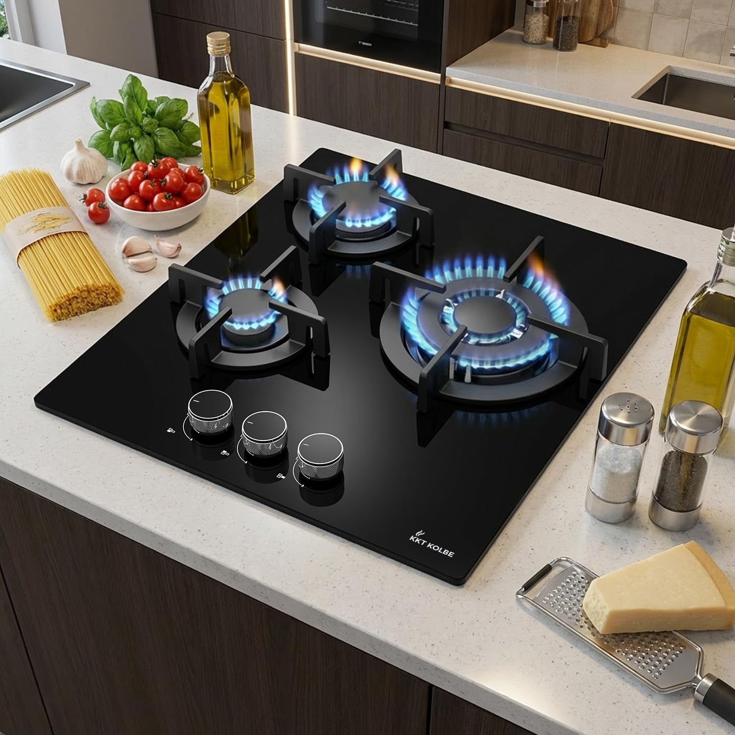 KKT KOLBE G453G Plaque de cuisson à gaz 45 cm, autonome, 6,2 kW, 3 feux, réglable en continu, zone wok, sans cadre, commande à bascule, support de casserole en fonte, verre, gaz propane, gaz naturel