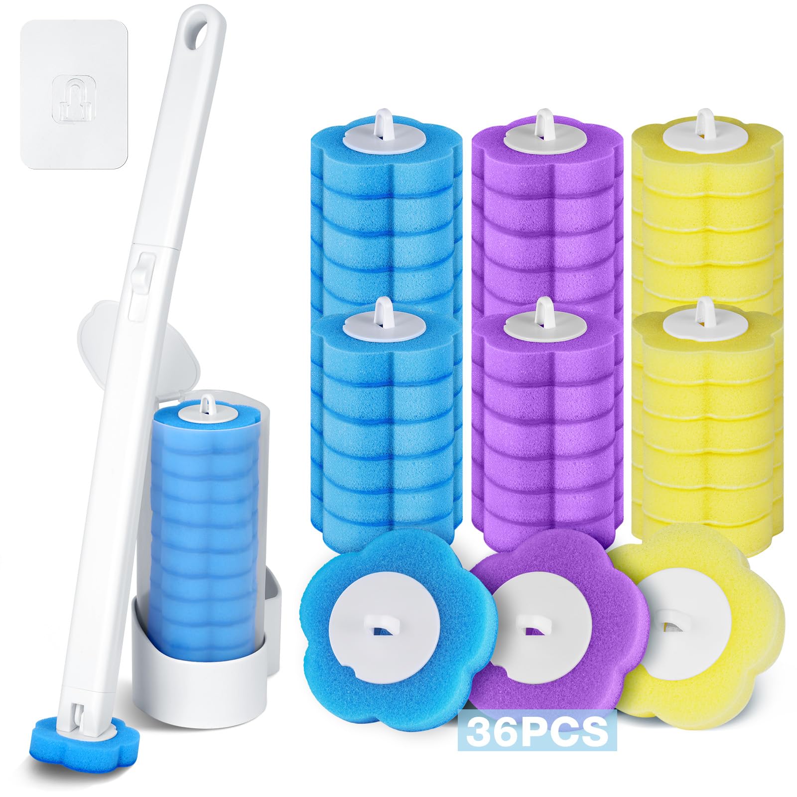 ANOMM Toilet Wand Kit with 36 Replacement Heads and 1 Extended Handle, Wall Mounted Disposable Toilet Brush, Toilet Brush and Holder Set for Toilet Bowl Cleaning, Bathroom Cleaning, Multicolor