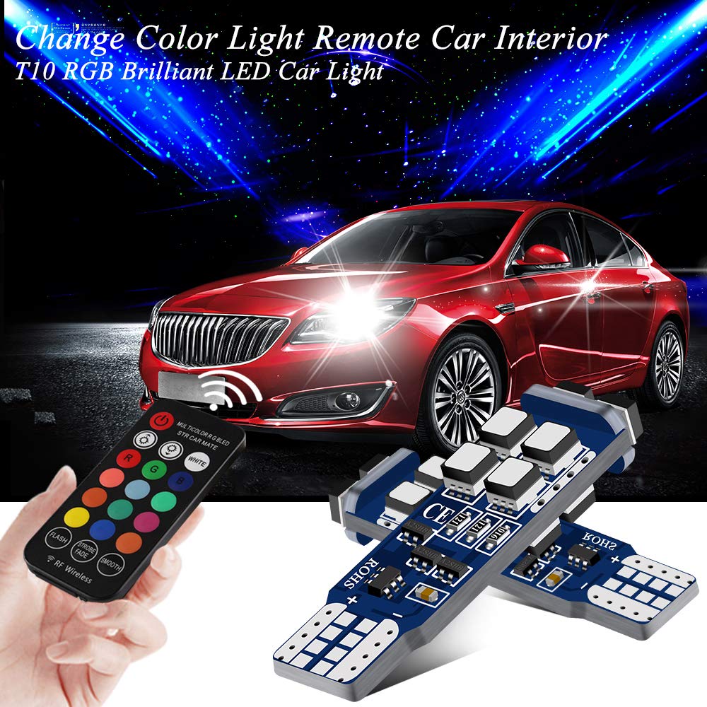 T10 194 W5W 168 3535 10-SMD Żarówki LED RGB, marker boczny, lampy na mapę domową, wnętrze samochodu z pilotem zdalnego sterowania, wskaźnik DC12V, 2 sztuki