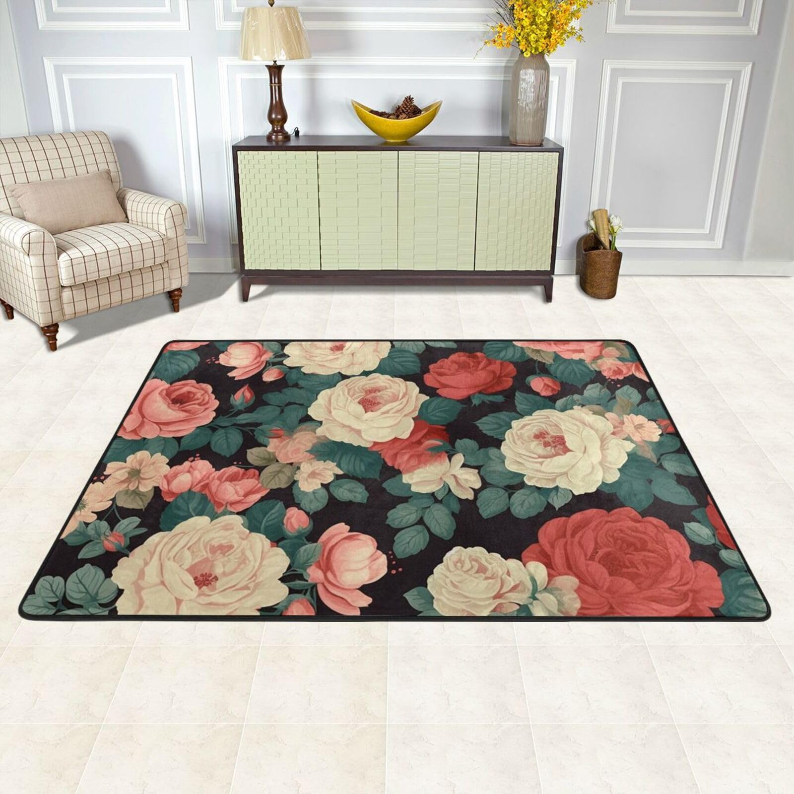 Tapis de sol pour salon et chambre motif roses pivoines 91x61cm