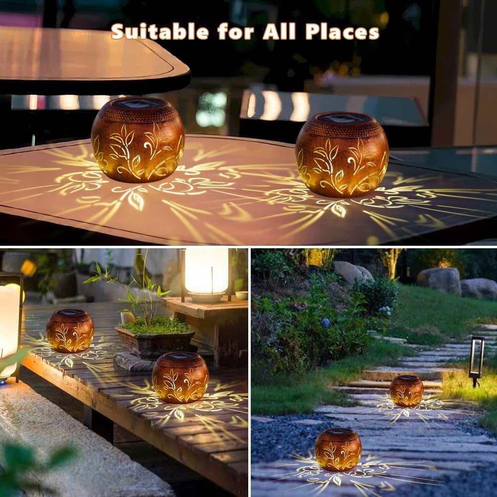 2 Pack Solar Lanterns Outdoor Waterproof, LED Hollow Out Flower Pattern Solar Lantern, Metal Decorative Solar Lanterns Outdoor for Desk Patio Garden Pathway