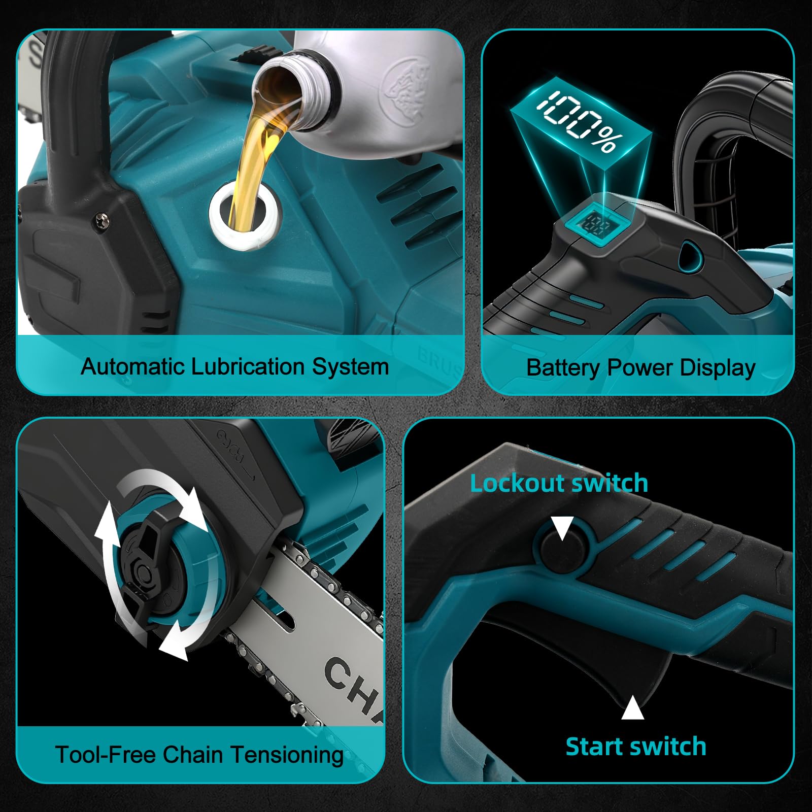 Tronçonneuse électrique sans fil de 30 cm compatible avec Makita 18 V (sans batterie), moteur sans brosse, tronçonneuse électrique, 3 chaînes, tension de chaîne sans outil et lubrificateur de voiture