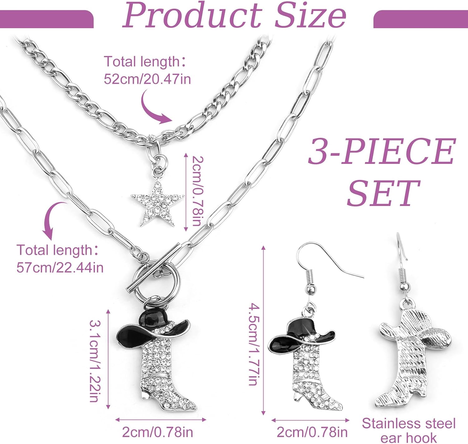 3Pcs Cowgirl Necklace Earrings Western Jewelry Set for Women, Silver Cowgirl Boot Earrings, Sparkly Rhinestone Cowboy Enamel Hat Boot Star Choker Pendant Stackable Necklace - Image 2
