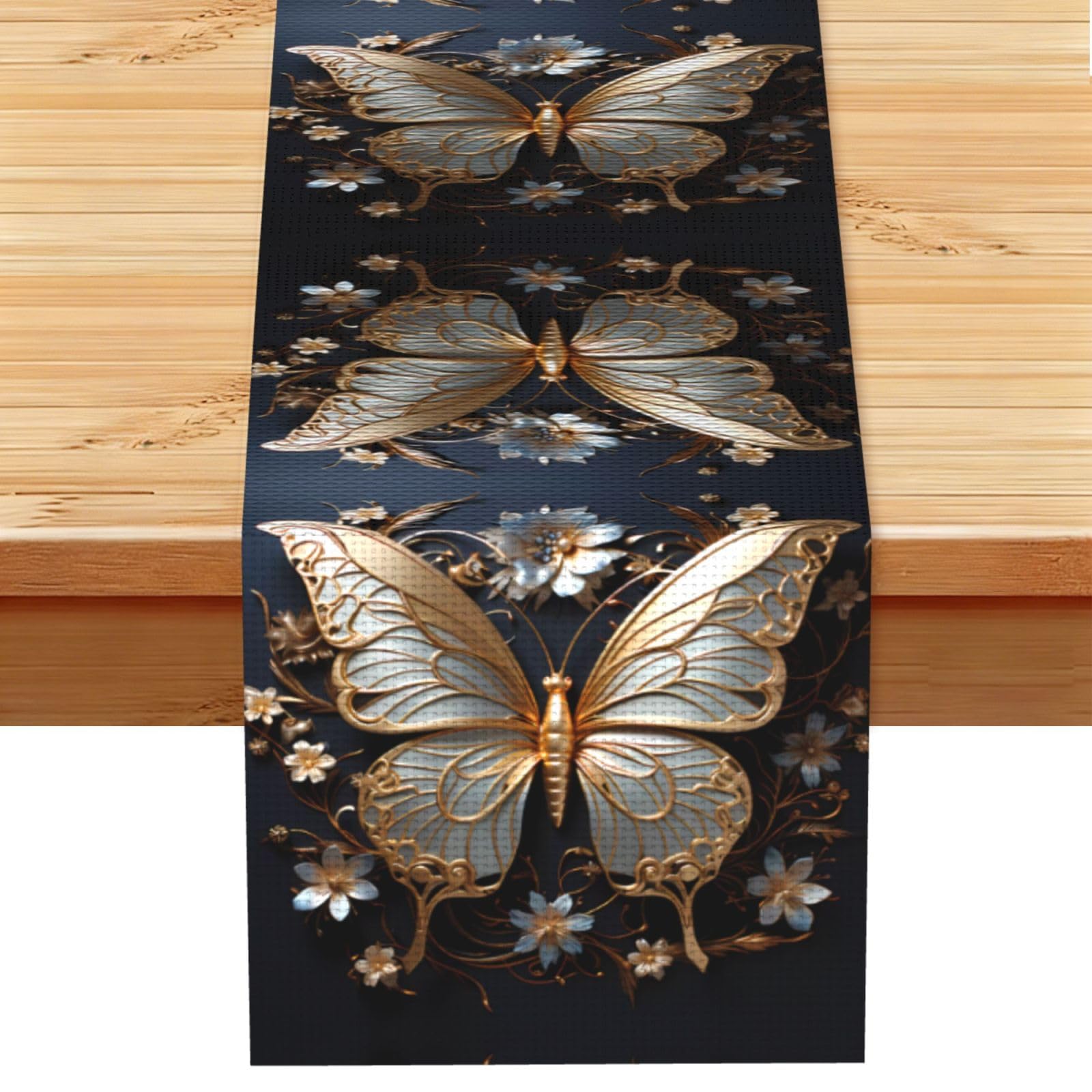 Gold White Butterflies Table Runner 13x72 Inch Dining Decor