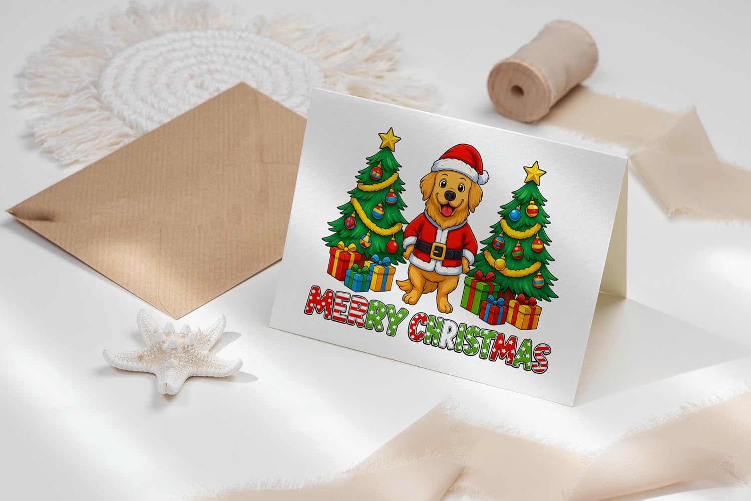 Golden Retriever Christmas Card 2025 - Cute Dog Santa Holiday Greeting With Festive Xmas Trees And Colorful Gift Boxes - Seasonal Collectible Gift image 4