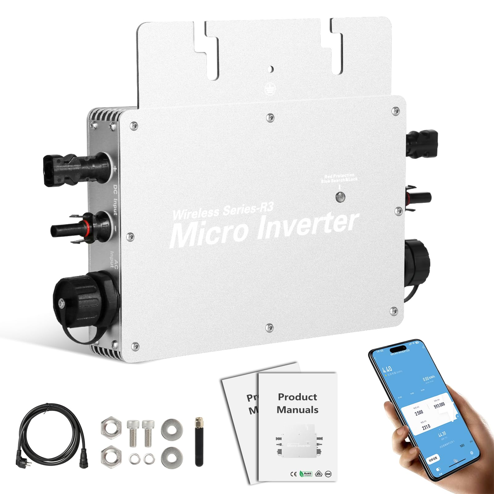 DEWIN Micro Onduleur Solaire 800W,230V Gird Tie Inverter MPPT Micro-onduleur Wifi avec Protection Contre les Courts-circuits et les Surcharges,Certifié CE/VDE/EMC/ROHS,Description en Français PDF