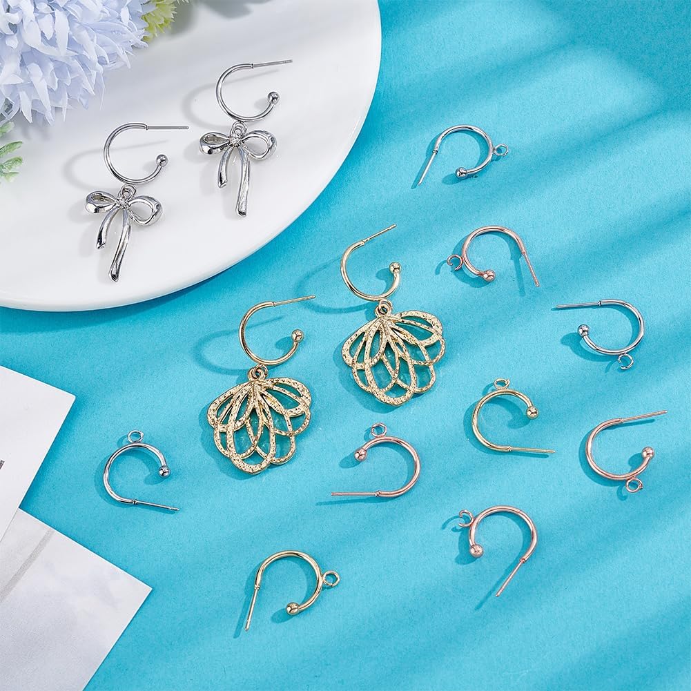 Beebeecraft 24Pcs 3 Colors Half Hoop Earring Findings 304 Stainless Steel Ear Stud with Loop Open Circle C Shaped Post Earring Findings for Jewelry Making Kit Supplies