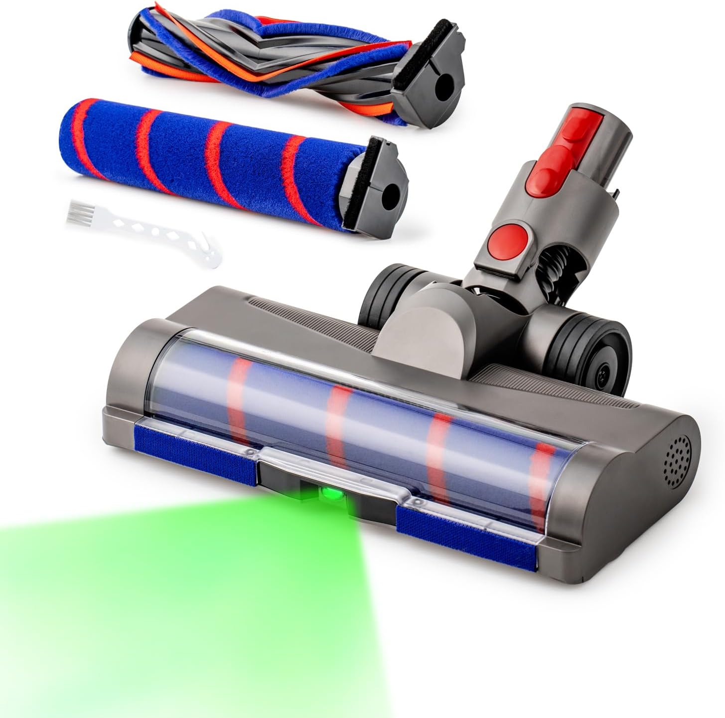 Replacement Motorized Head for Dyson V15 V11 V10 V8 V7, Hidden Dust Detection Green LED Attachment with 2-in-1 Dual Roller, 60% Effortless Glide for Carpet & Hard Floor, Stable Self-Standing Design