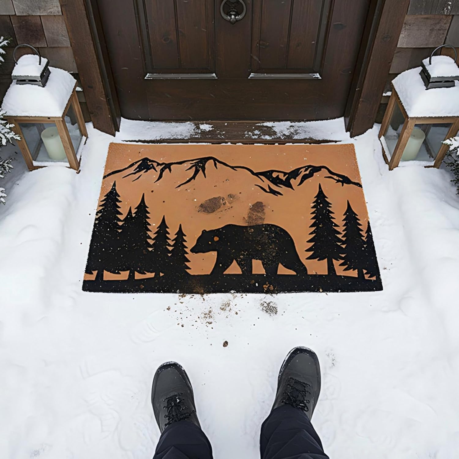 Tinideya Rustic Bear Coir Door Mat 2x3 ft Winter Welcome Doormats for Front Back Door Outside Entrance Porch Garage Cabin Lodge Farmhouse Entryway Black Bear Coir Mat with Heavy Duty Rubber Backing