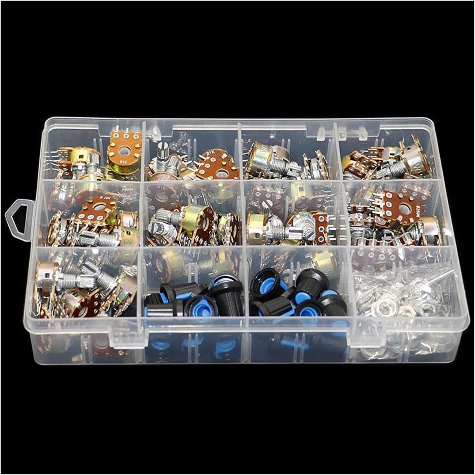 Potenciómetro 45 Piezas Wh148 Kit de potenciómetro de 6 Pines estéreo de Doble Banda 1k 5k 10k 20k 50k 100k 250k 500k 1M con perillas Tuercas de un Solo Eje + Caja