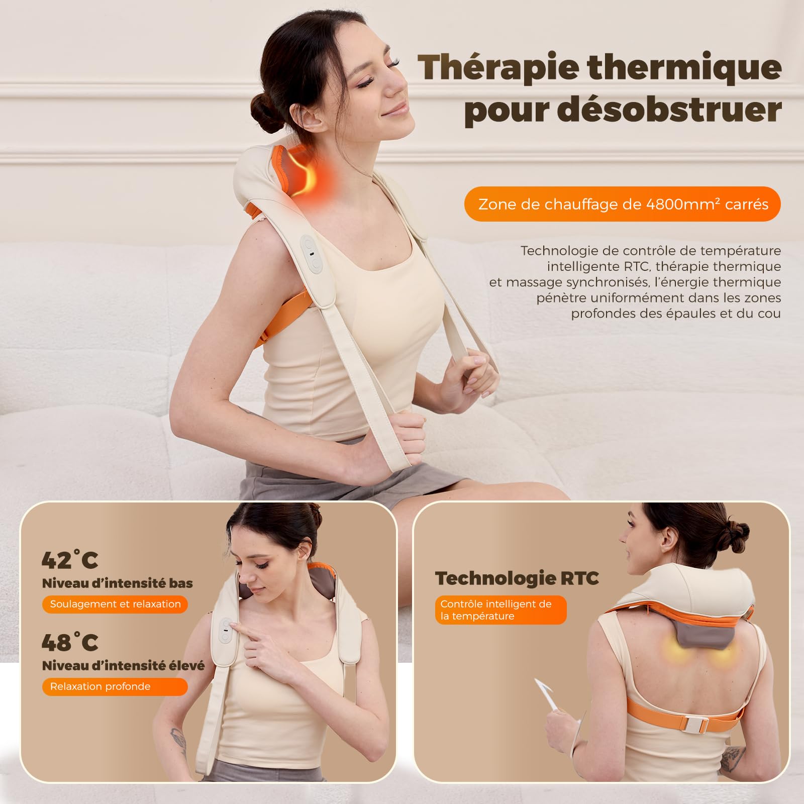 Appareil de massage du cou avec fonction chauffante, appareil de massage Shiatsu sans fil avec massage 4D des tissus profonds, pour les épaules, les jambes, les muscles du corps, soulagement
