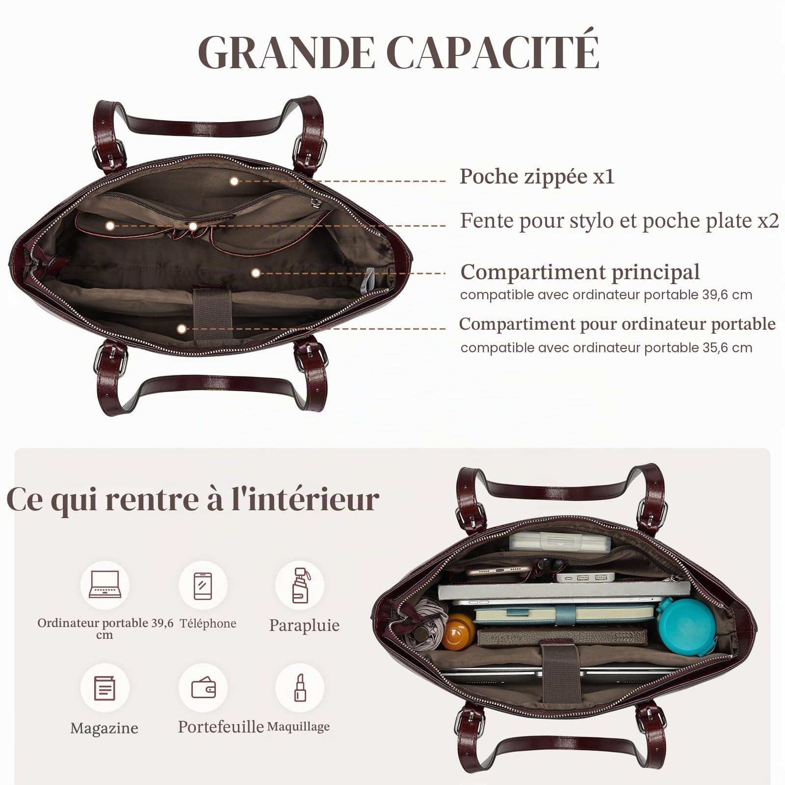 S-ZONE Femmes En Cuir VéRitable Ordinateur Portable Sac Fourre-Tout Bureau éPaule Sacs à Main Porte-Documents 15.6 Pouces Ordinateur Travail Sac à Main