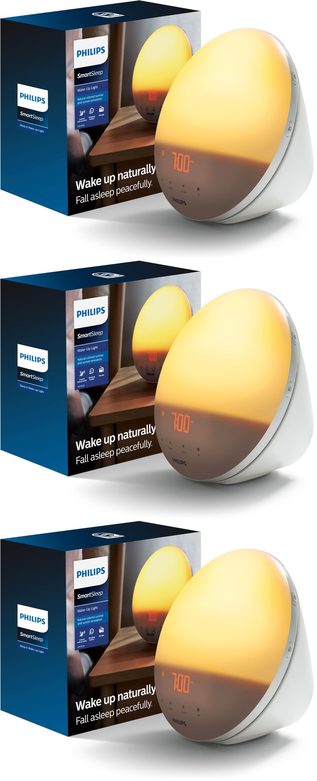 Philips SmartSleep Wake-up Light,Colored Sunrise and Sunset Simulation,5 Natural Sounds,FM Radio &amp; Reading Lamp,Tap Snooze,HF3520/60,(Pack of 3)