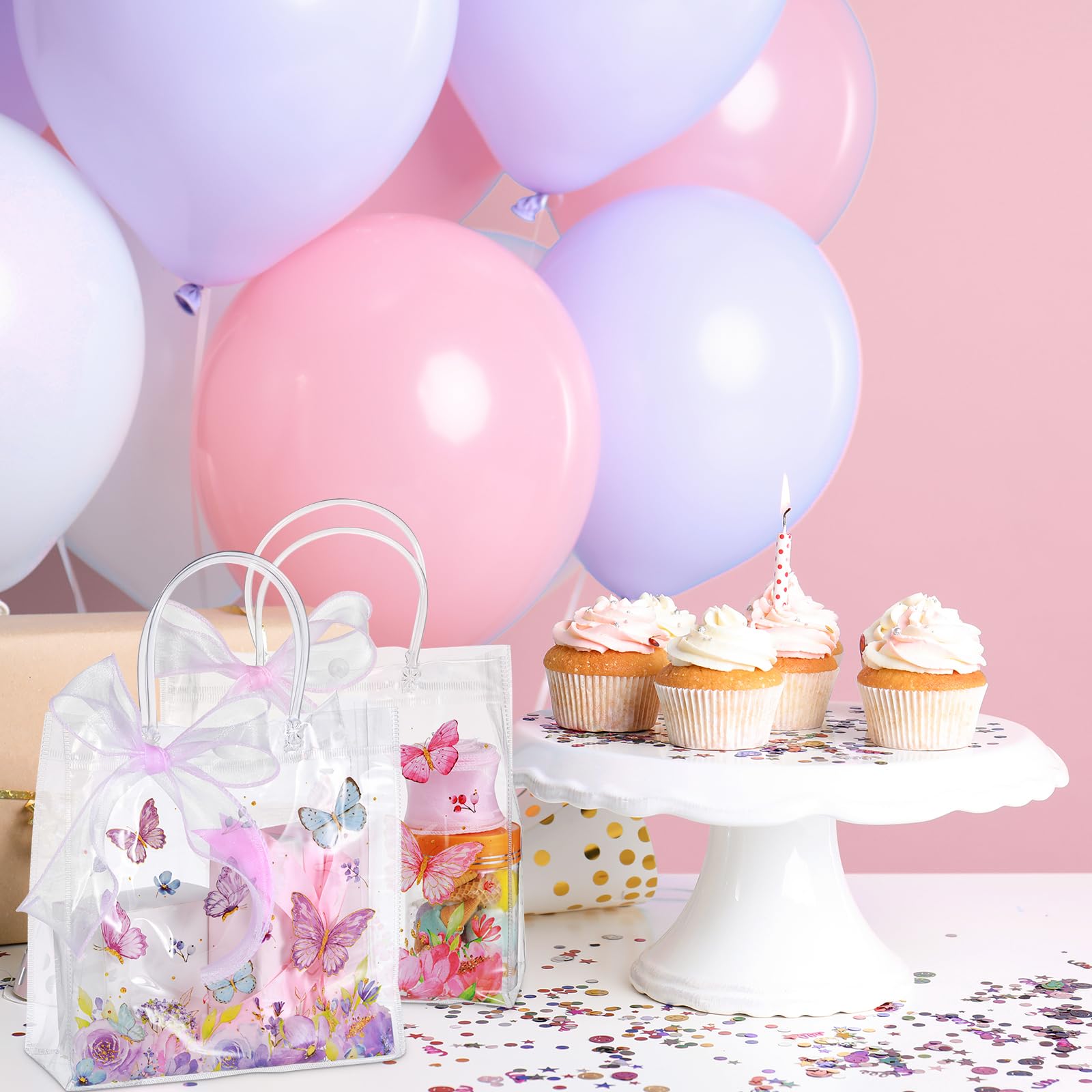 Hosuly 24 Pcs Butterfly Gift Bags with Ribbon, Clear PVC Spring Butterfly Treat Bags with Handles, Reusable Pink Purple Transparent Favor Bag for Wedding, Baby Shower, Birthday, Theme Party