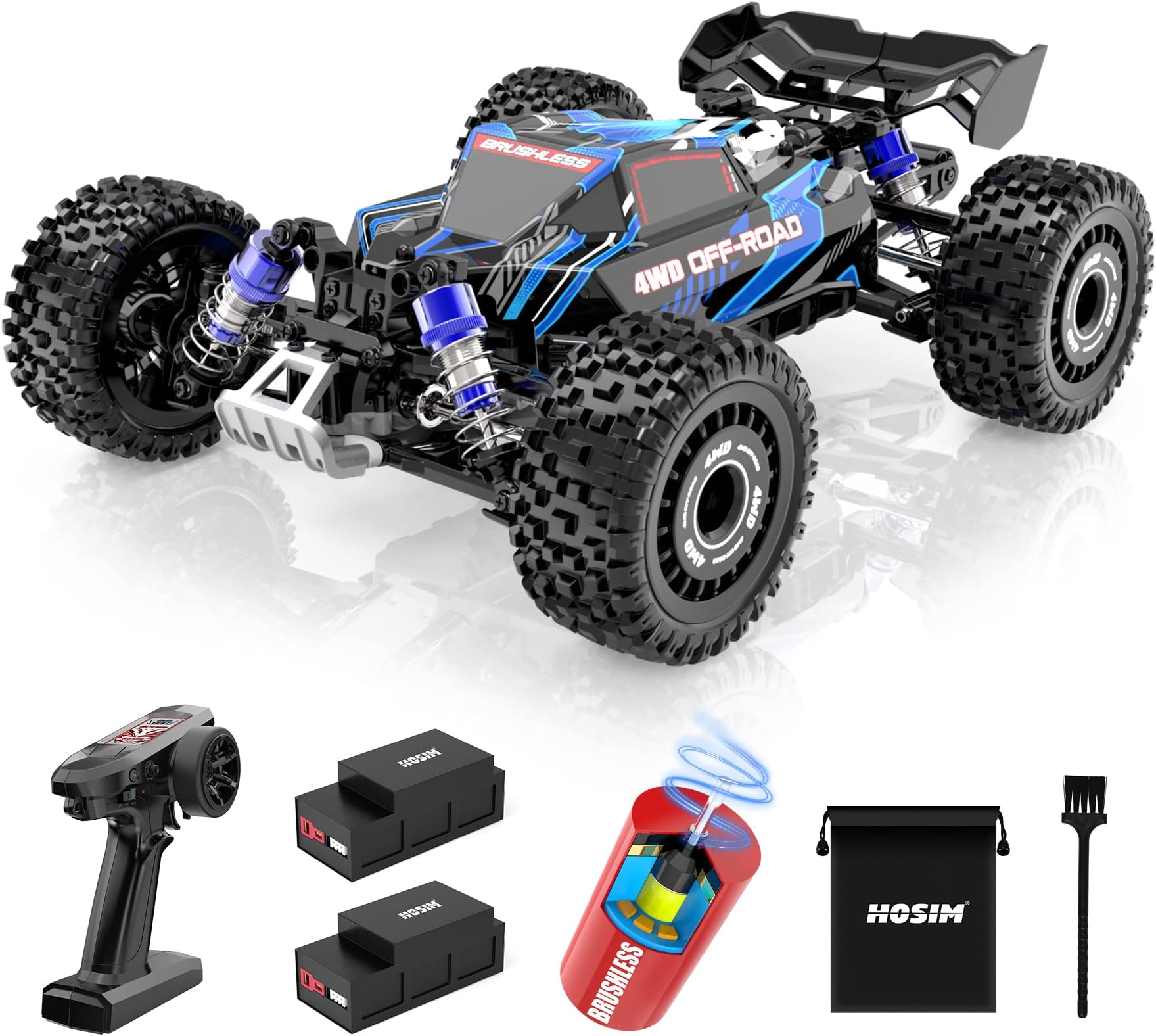 Hosim 1:16 60+KMH 4WD Brushless RC Car, Fast Remote Control Truck for Adults, Radio Off-Road Cars Waterproof Hobby Grade Toy Crawler Electric Vehicle Gift for Boys Children 2 Batteries 40+ Min Play