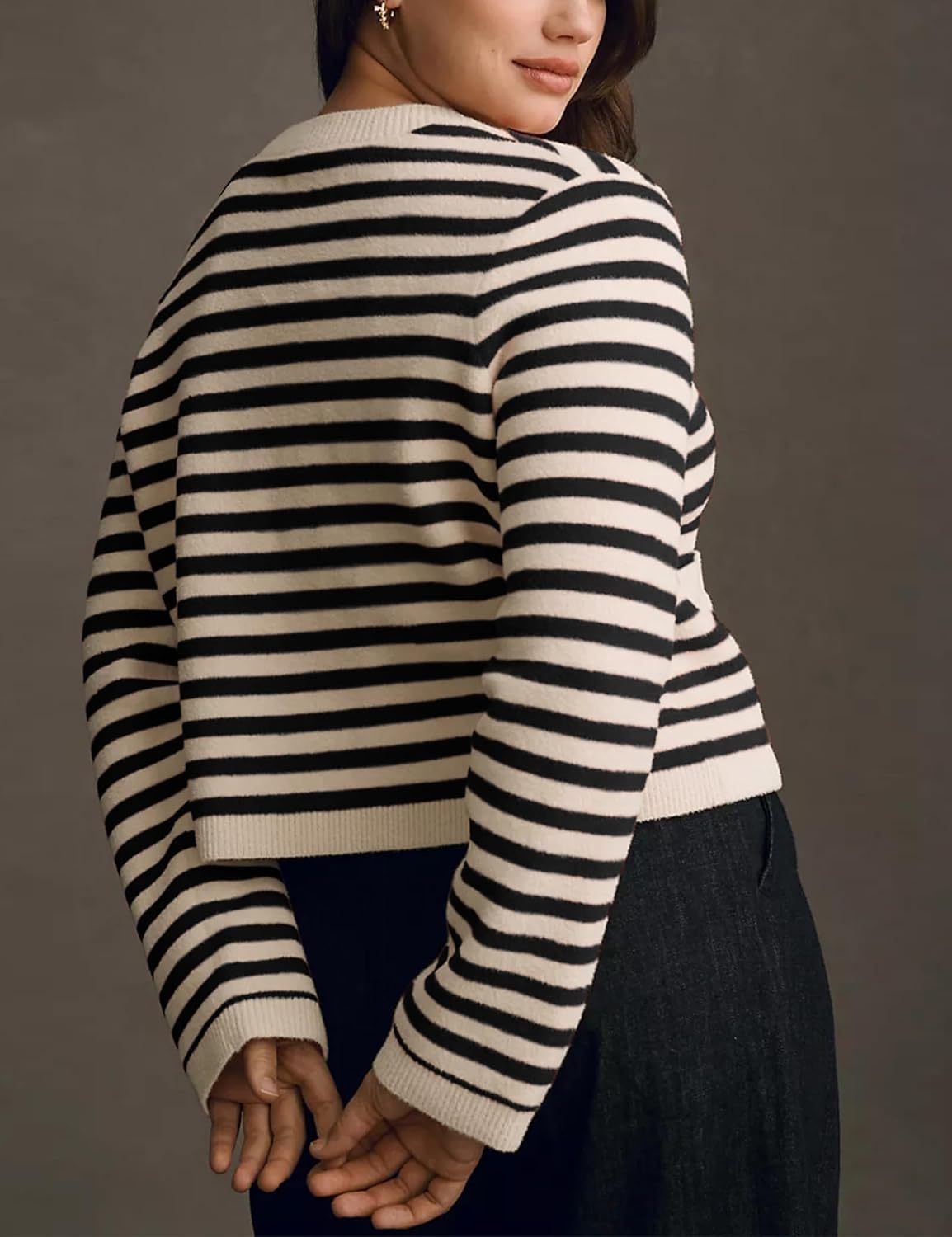 Lentta Womens Striped Knit Cardigan Sweater Crew Neck Long Sleeve Button Front Outerwear - Image 6