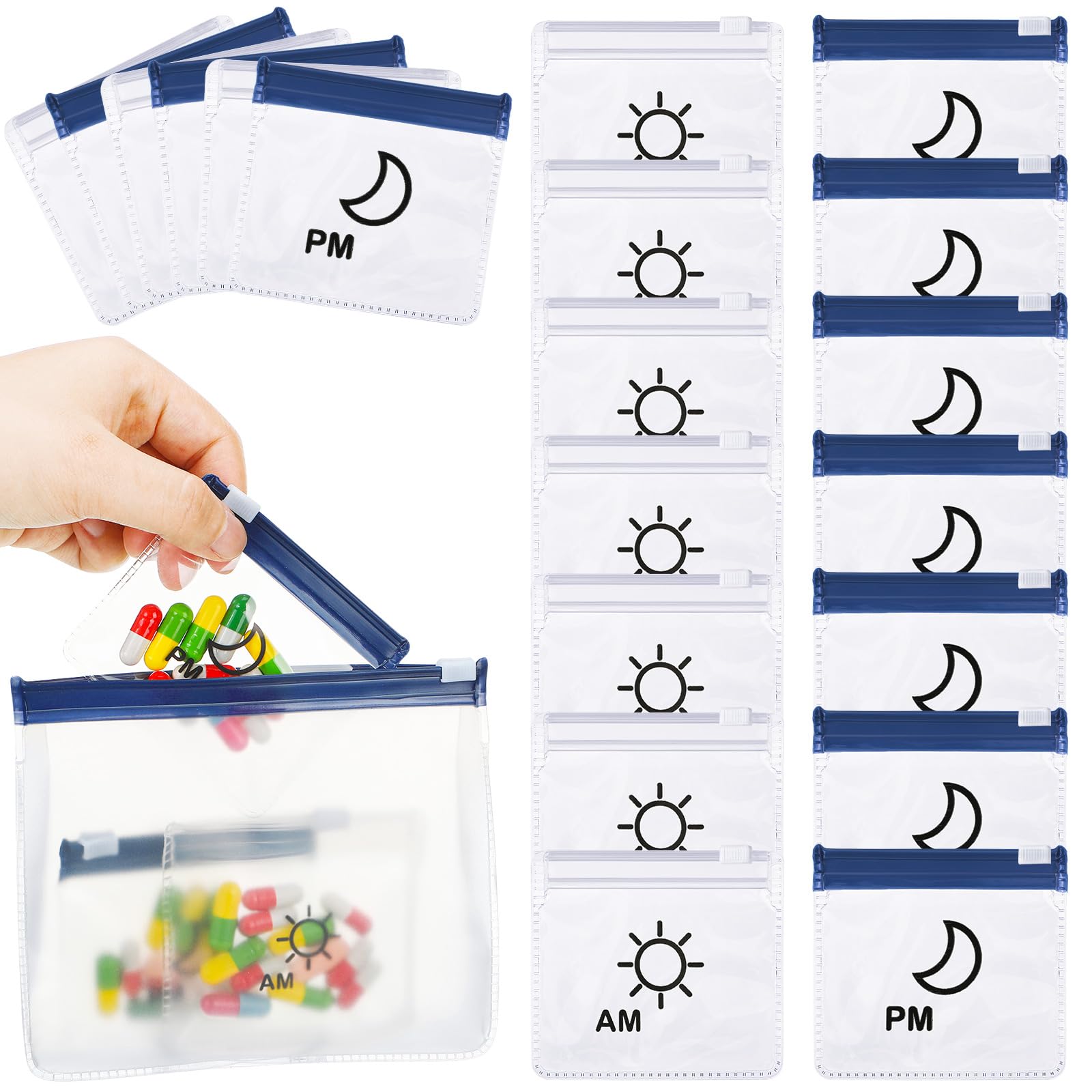 Colarr 14 Pcs AM PM Pill Pouches Bags Reusable Zippered Day and Night Pill Organizer with Slide Lock for Travel Medicine Case, 1 Large 14 Small(Clear,