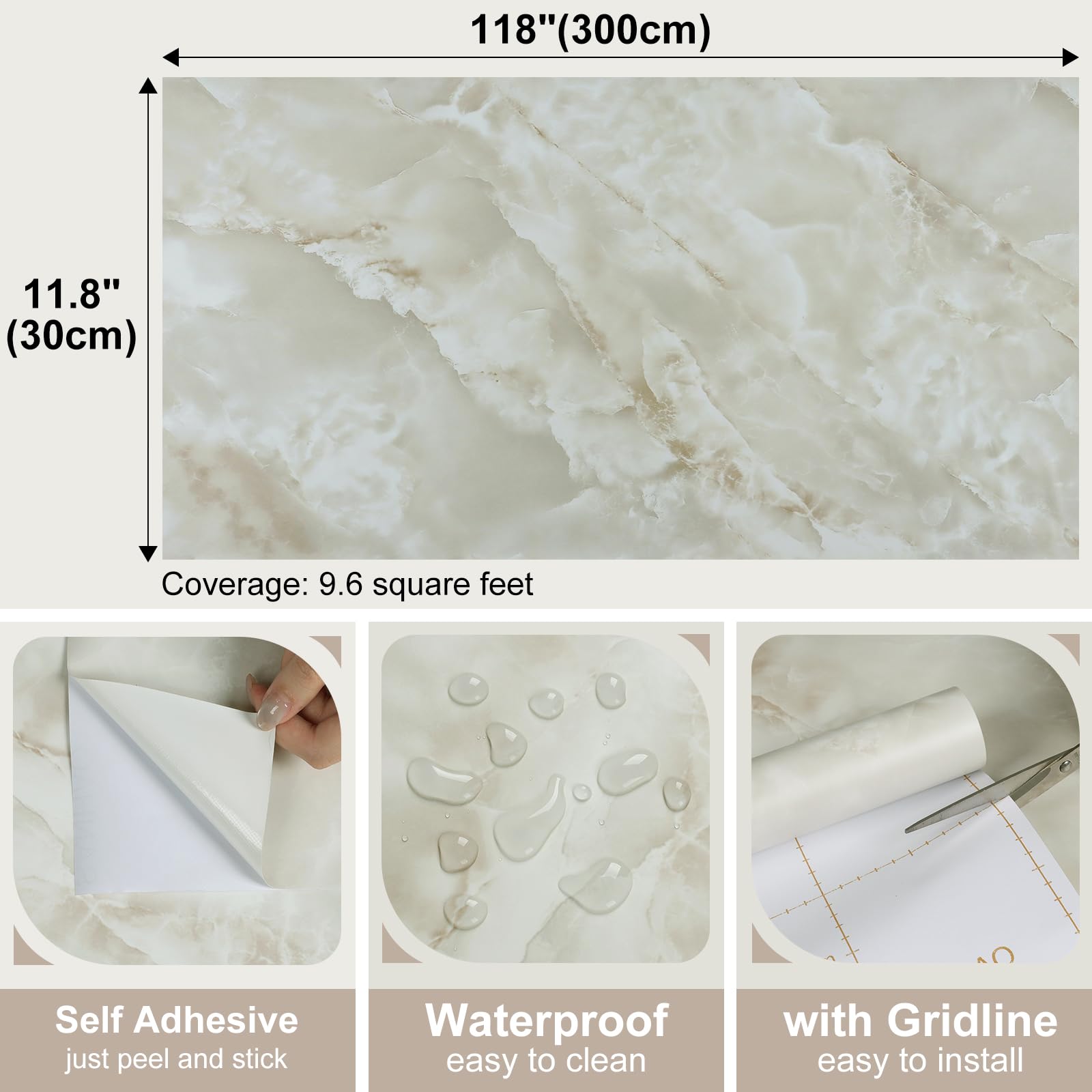 Biała jasnobrązowa marmurowa żyła samoprzylepna tapeta 30 cm x 300 cm, efekt marmuru, lepki tył, plastik, matowa, wodoodporna, winylowa okładka, nadająca się do prania, folia winylowa do