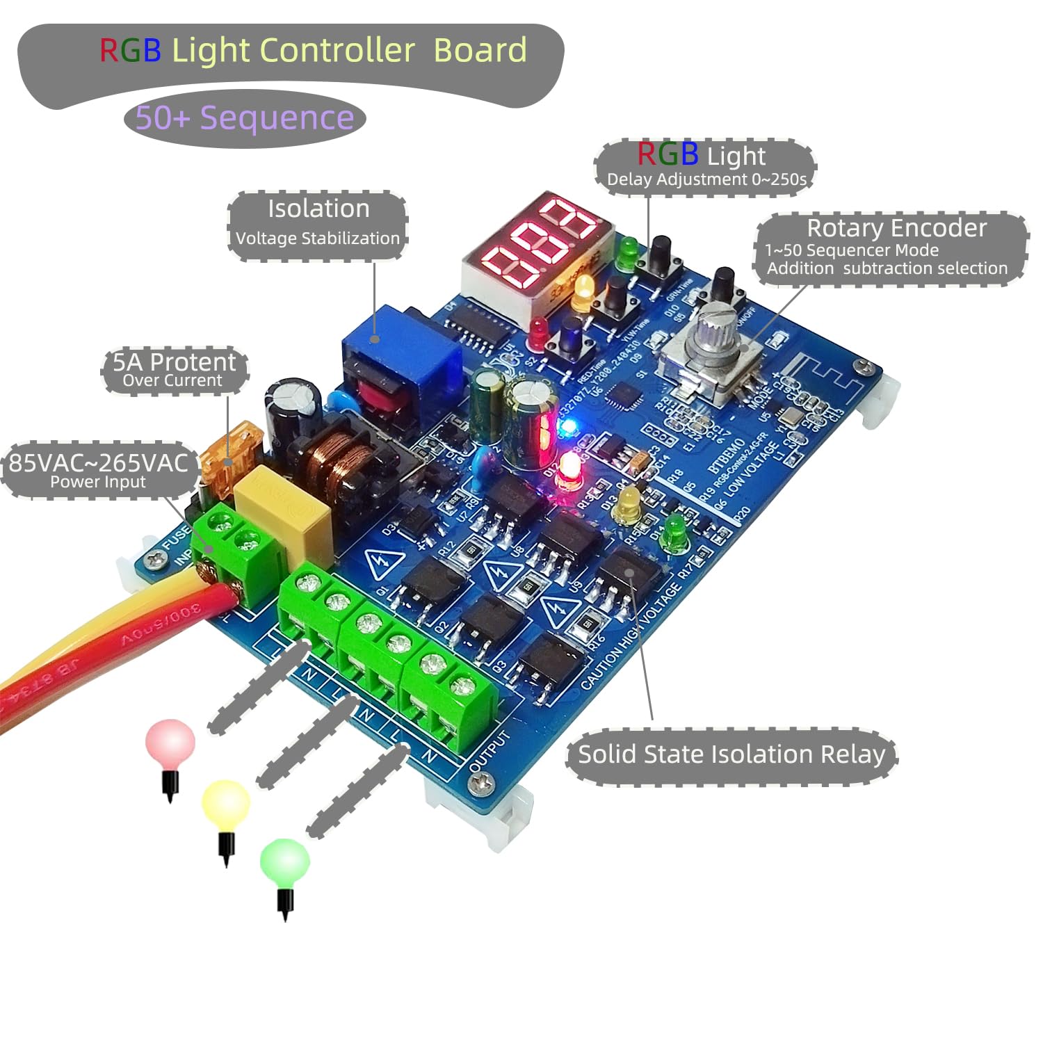 Séquenceur de contrôleur de feux de circulation de commande à distance 2.4G RF avec 50+ séquences 3 canaux 90VAC-265VAC Facile à programmer et à réparer Installation Accessoires complets Séquenceur de