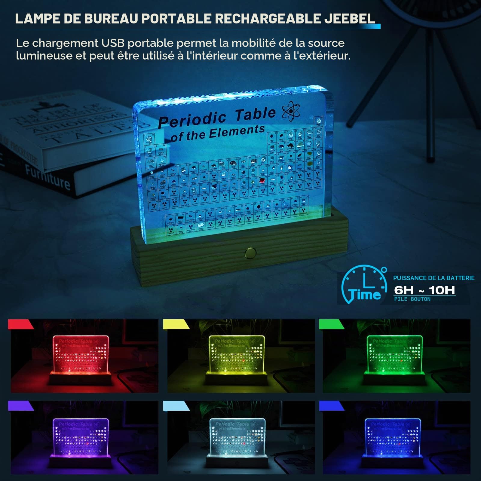 Jeebel Tableau Périodique des Éléments Réels, Tableau Periodique en Acrylique de Lampe Table LED avec Élément Vrai pour Outil Enseignement/Affichage Elements Chimiques pour Enseignant Étudiant Enfant