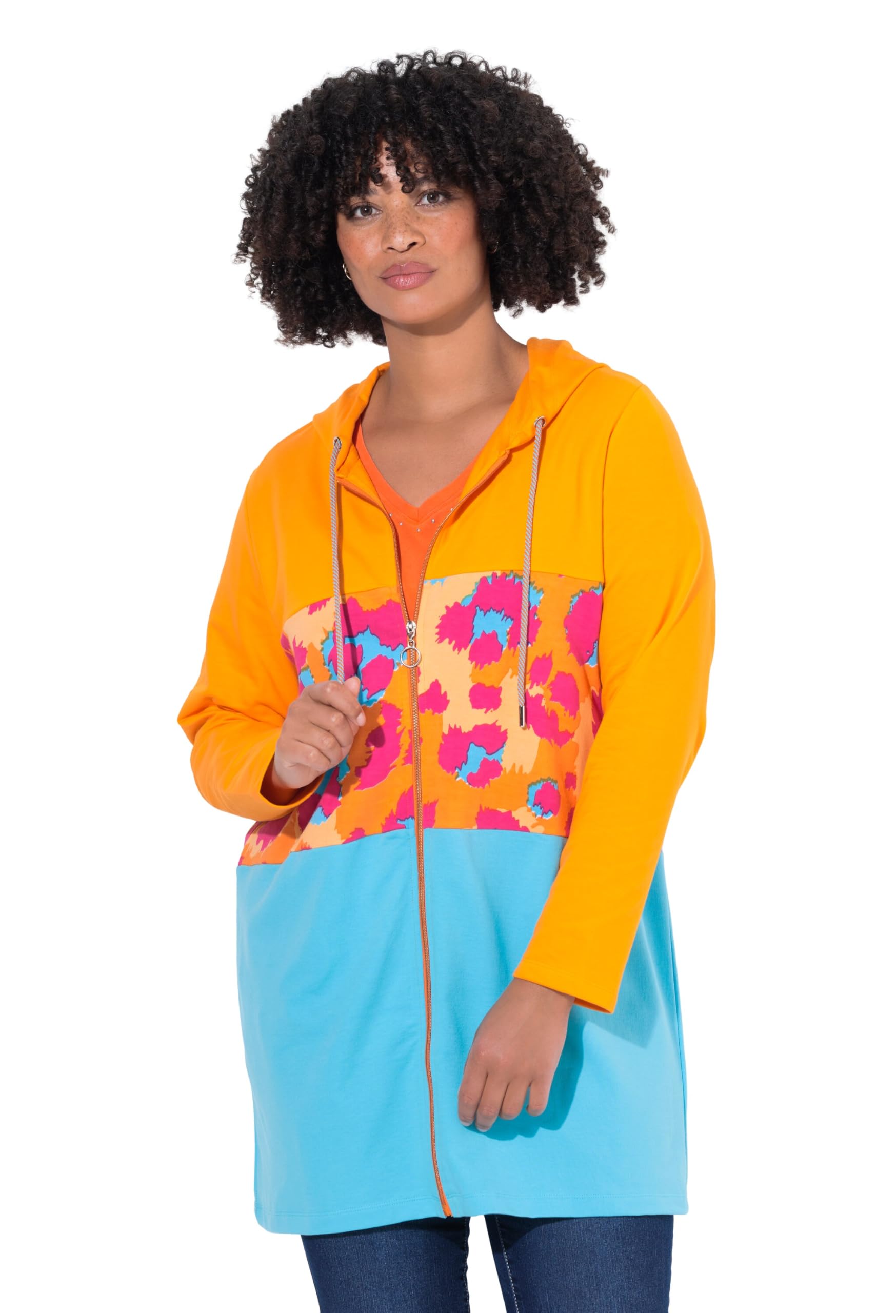 Angel of Style Damen große Größen Übergrößen Plus Size Long-Sweatjacke, A-Linie, Leo-Streifen, Rücken-Wording 843656