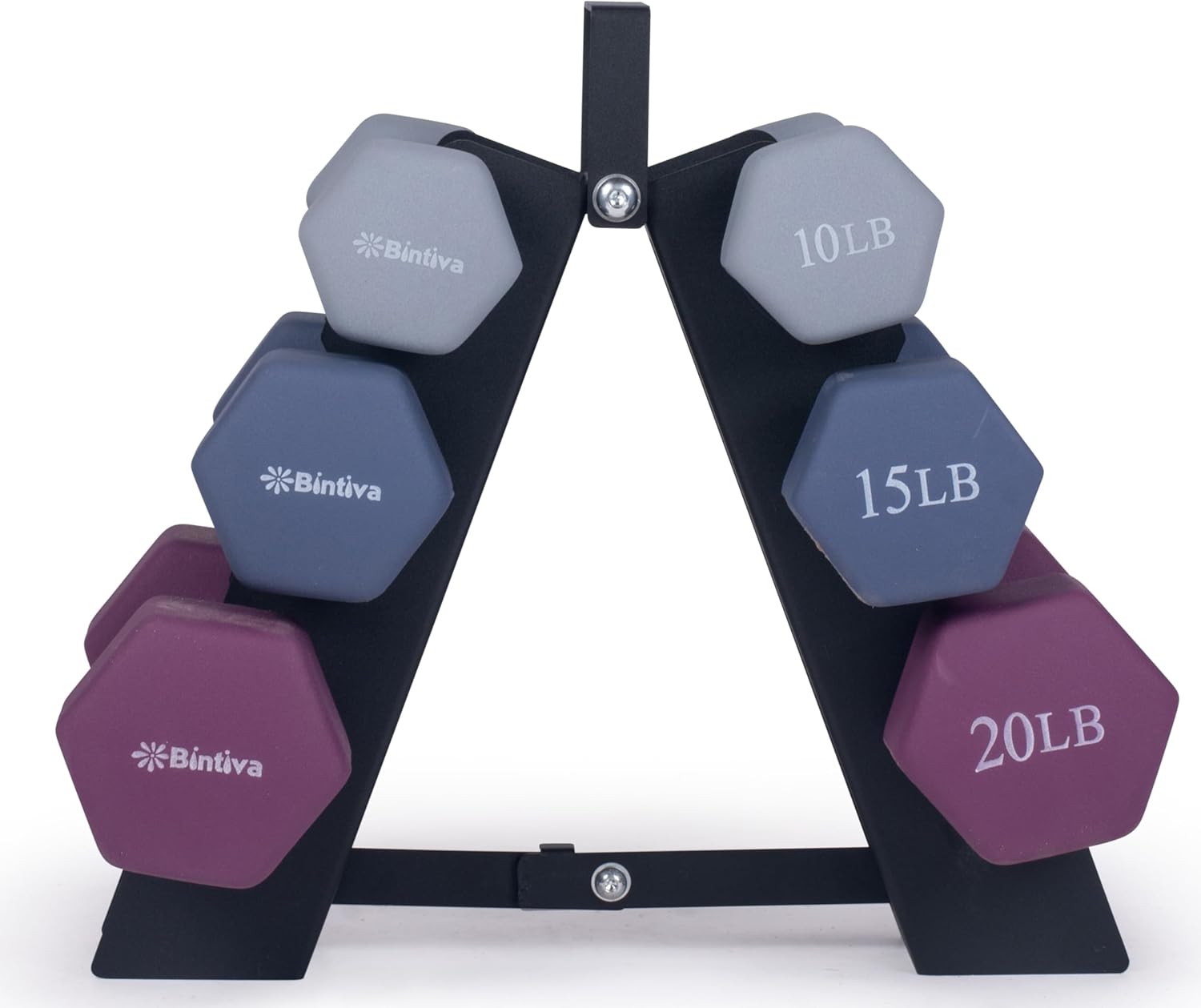 Dumbbell Set with Rack - Neoprene Coated Weights - Hex Color Coded Dumbell Pairs 1-20 LBs