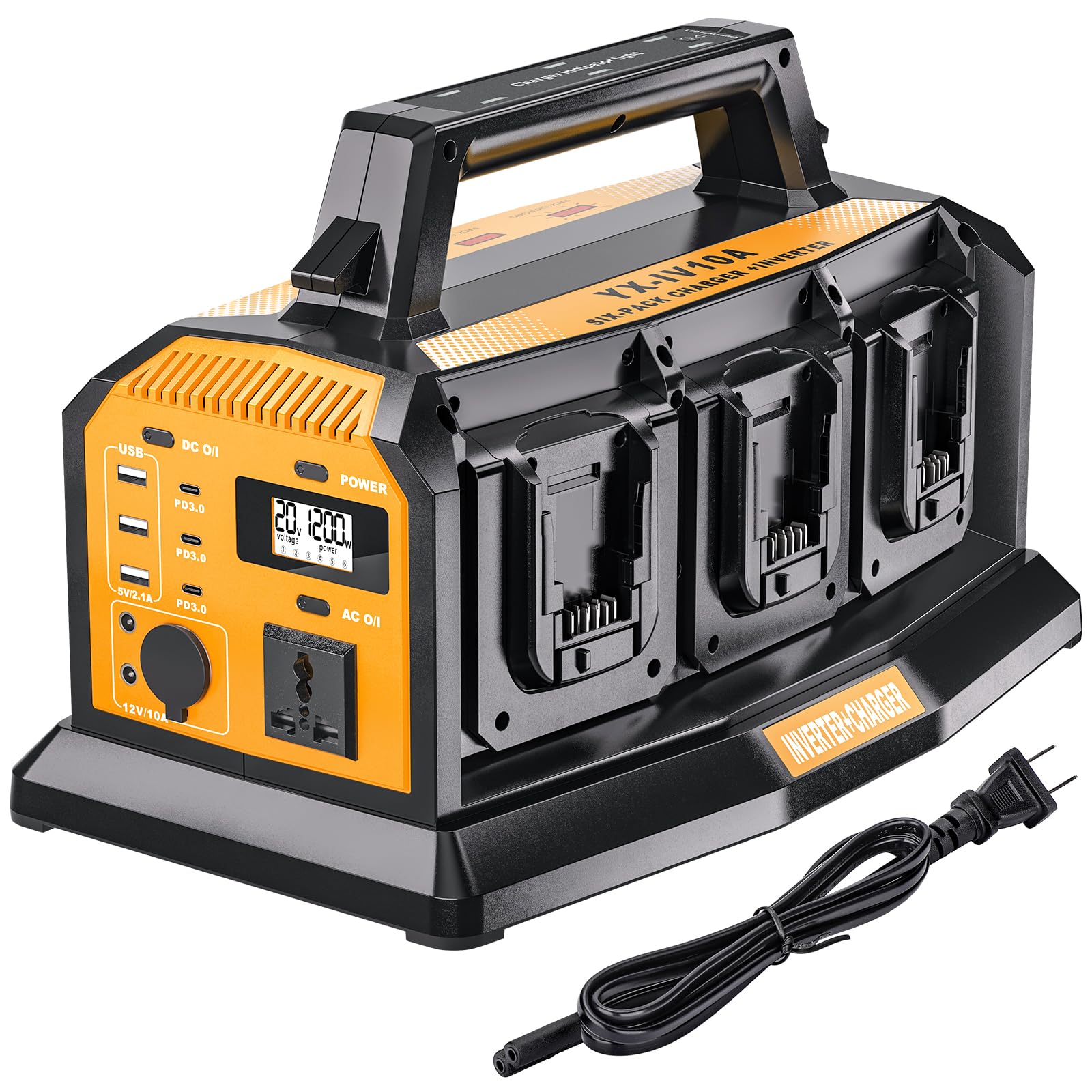 Photo 1 of 2-in-1 Portable Inverter Charger, 1200W Pure Sine Wave Inverter & 6A Rapid Charger for DeWalt 20V Battery, 6-Port DC to AC 120V Converter, 3 USB-A + 3 USB-C, 300lm LED Light for RV Camp Off-Grid
