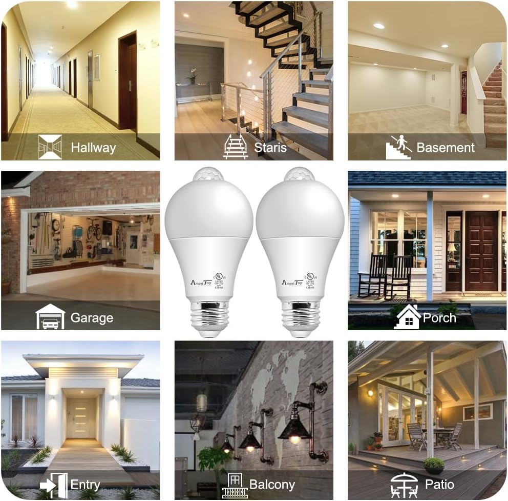 AmeriTop Motion Sensor Light Bulb- 4 Pack, 10W(60W Equivalent) 806lm Motion Activated Dusk to Dawn Security LED Bulb; UL Listed, A19, E26, Auto On/Off Indoor Outdoor Lighting (2700K Soft White)
