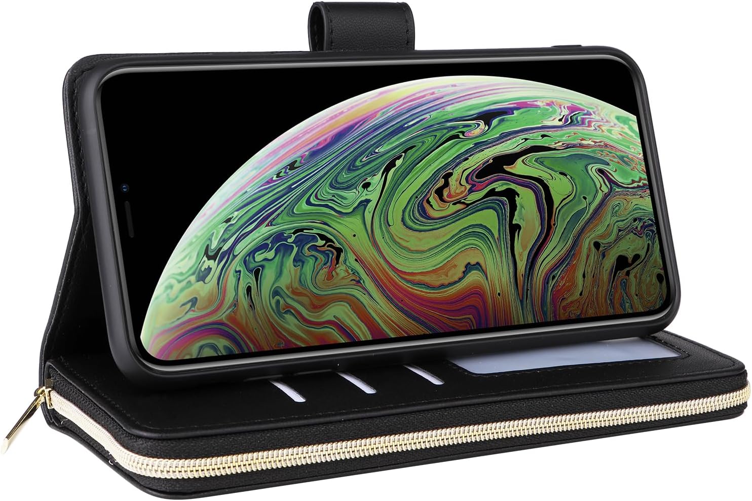 Asuwish Phone Case for iPhone Xs Max Wallet Cover with Tempered Glass Screen Protector Strap Card Holder PU Leather Flip Cell Zipper i X XR Xsmax 10x SX Xmax 10xs 10s 10 Plus Xmaxs Women Girls Black