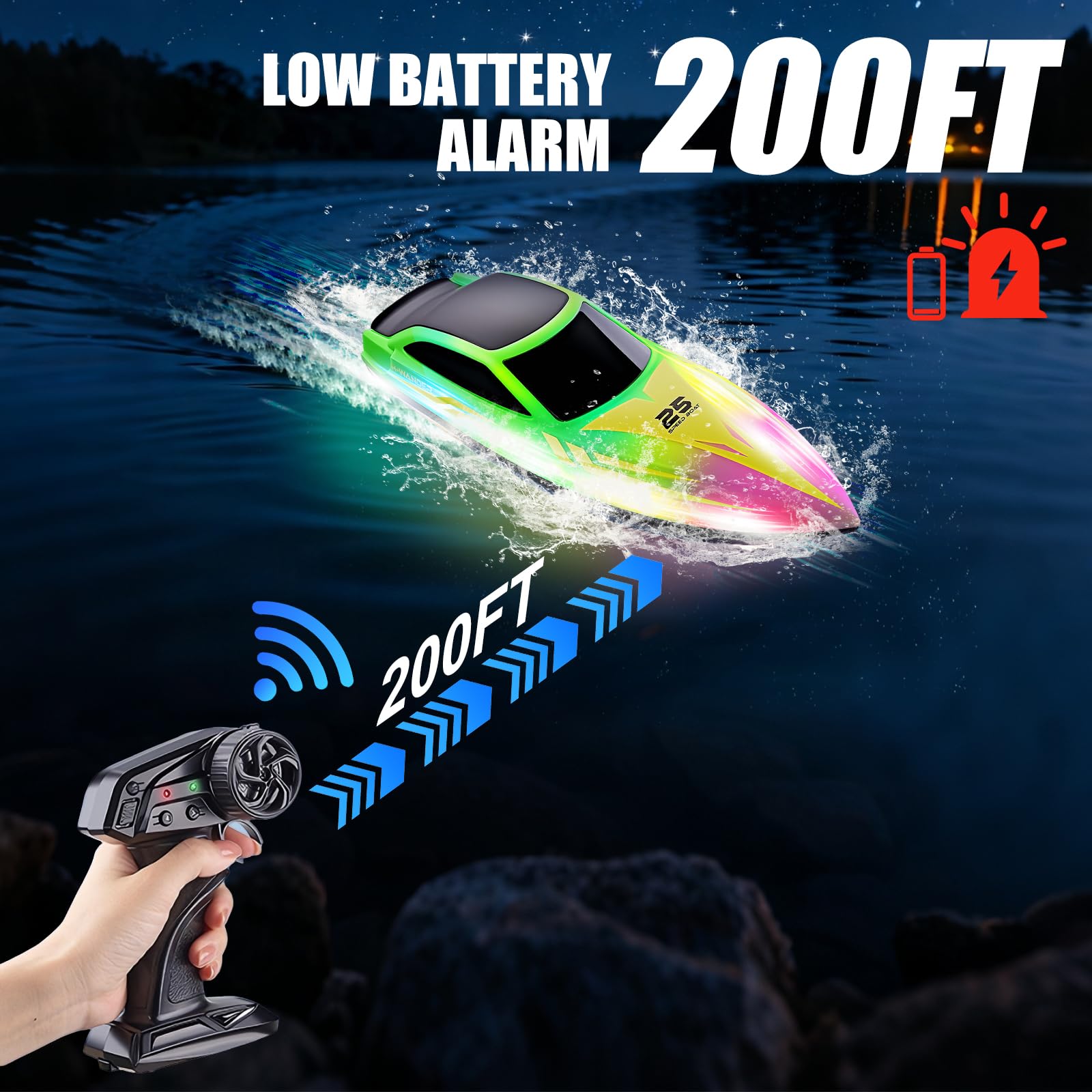 OBEST Barco Teledirigido con Luz LED para Niños,2,4 GHz Barco de Carreras RC de Alta Velocidad para Lagos/Piscinas/Estanques,Juguete Acuático de Regalo para Niños y Niñas