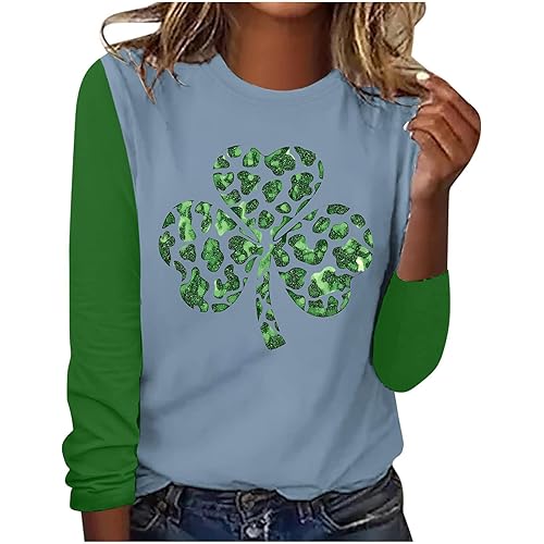 Women's St Patrick's Day Shirt Vintage Splicing Patchwork Casual Crew Neck Glass Wine Hat Pattern Blouses Sweatshirt