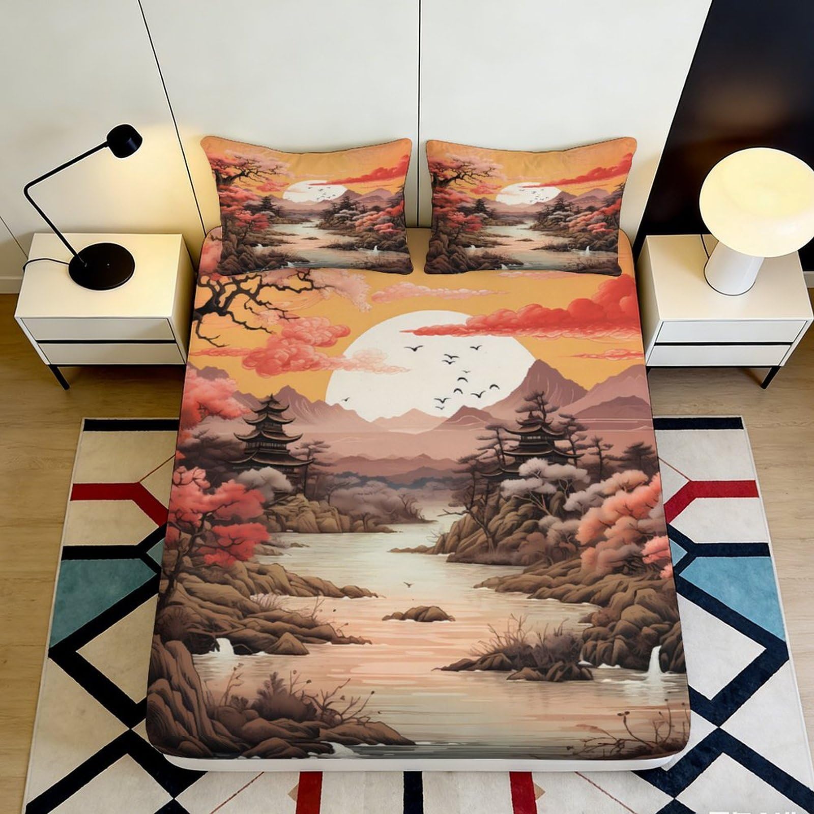3D Printed Japanese Landscape Fitted Sheet Microfiber Orange Sunset Pagoda Mattress Cover for Bedroom Dorm 90x200x25cm