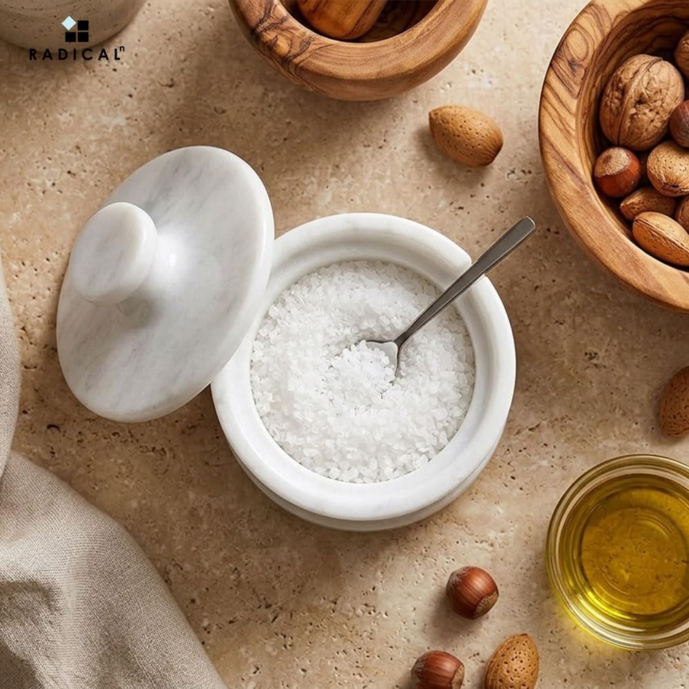 Radicaln Saliera bianca in marmo con coperchio, 8,9 cm, contenitore per condimenti e barattoli per spezie, porta sale in pietra per bancone, barattolo per spezie