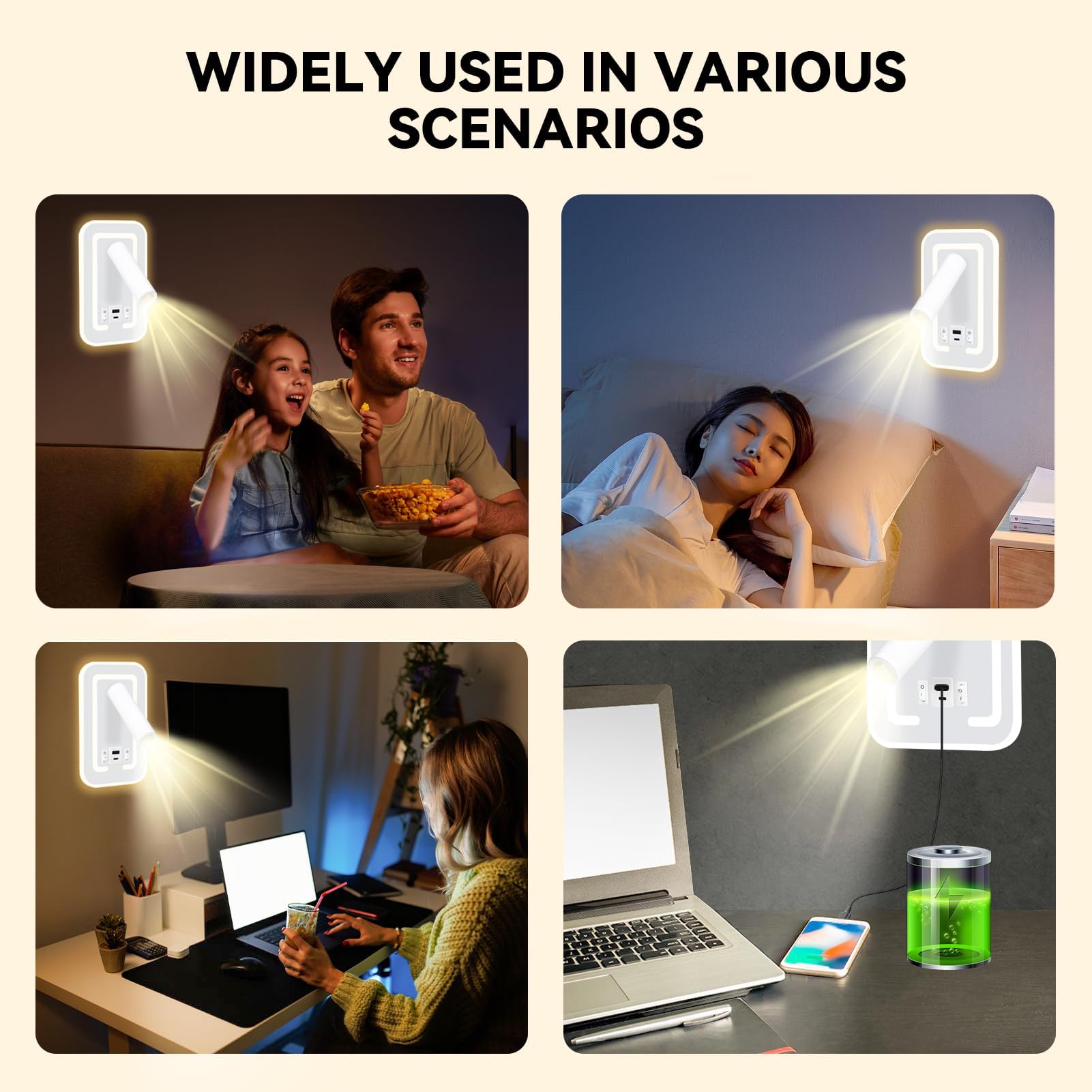 HUIZHOU Aplique de Pared LED 3W + 9W, Lámpara de Lectura con Puerto USB, Luz de Cabecero Giratoria 3000K, Flexible y Moderna para Dormitorio, Escalera y Pasillo (rectangular Blanco)